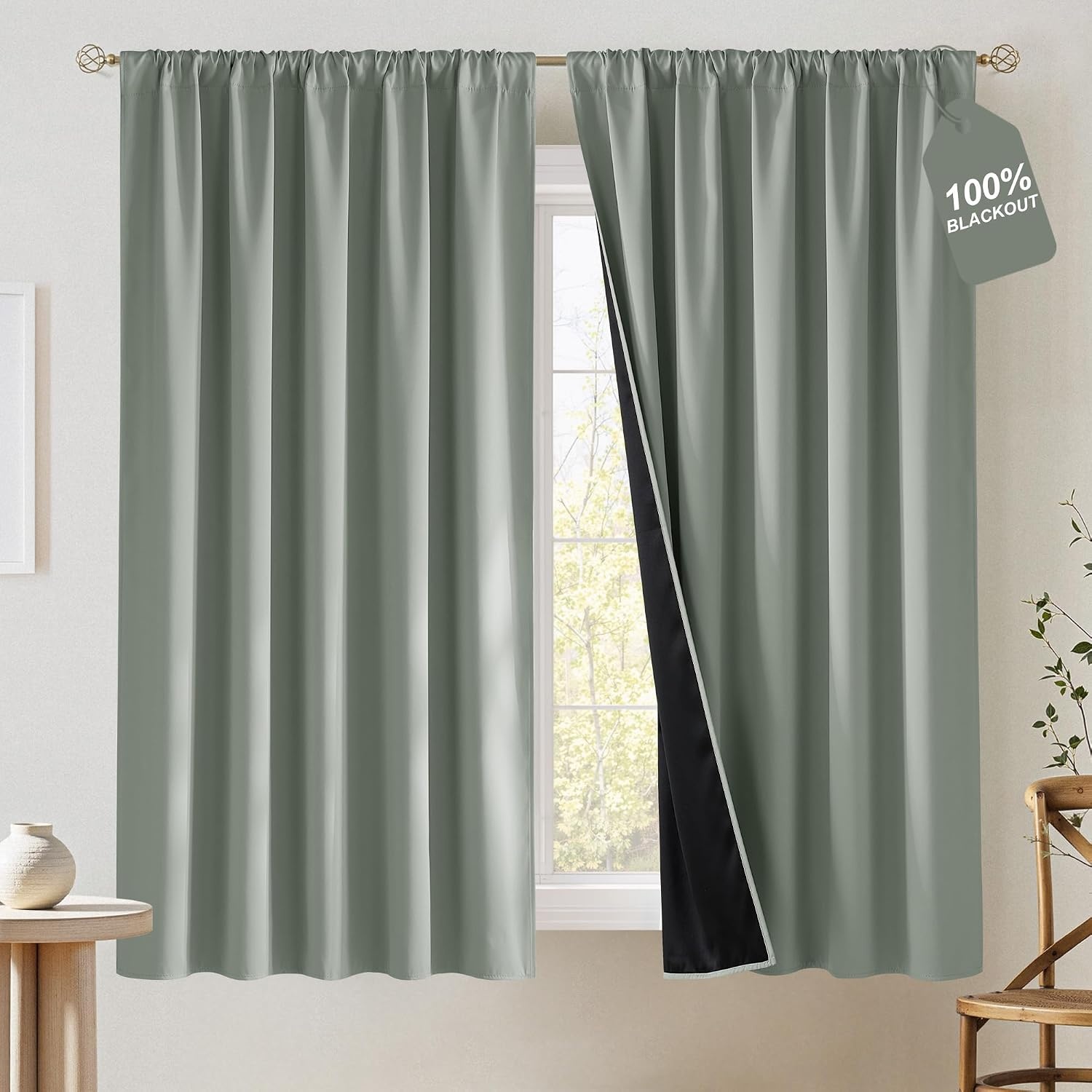 image:imageNICETOWN 100 Black Out Curtains 84 Inch Long W52xL84 2 PanelsSage Green