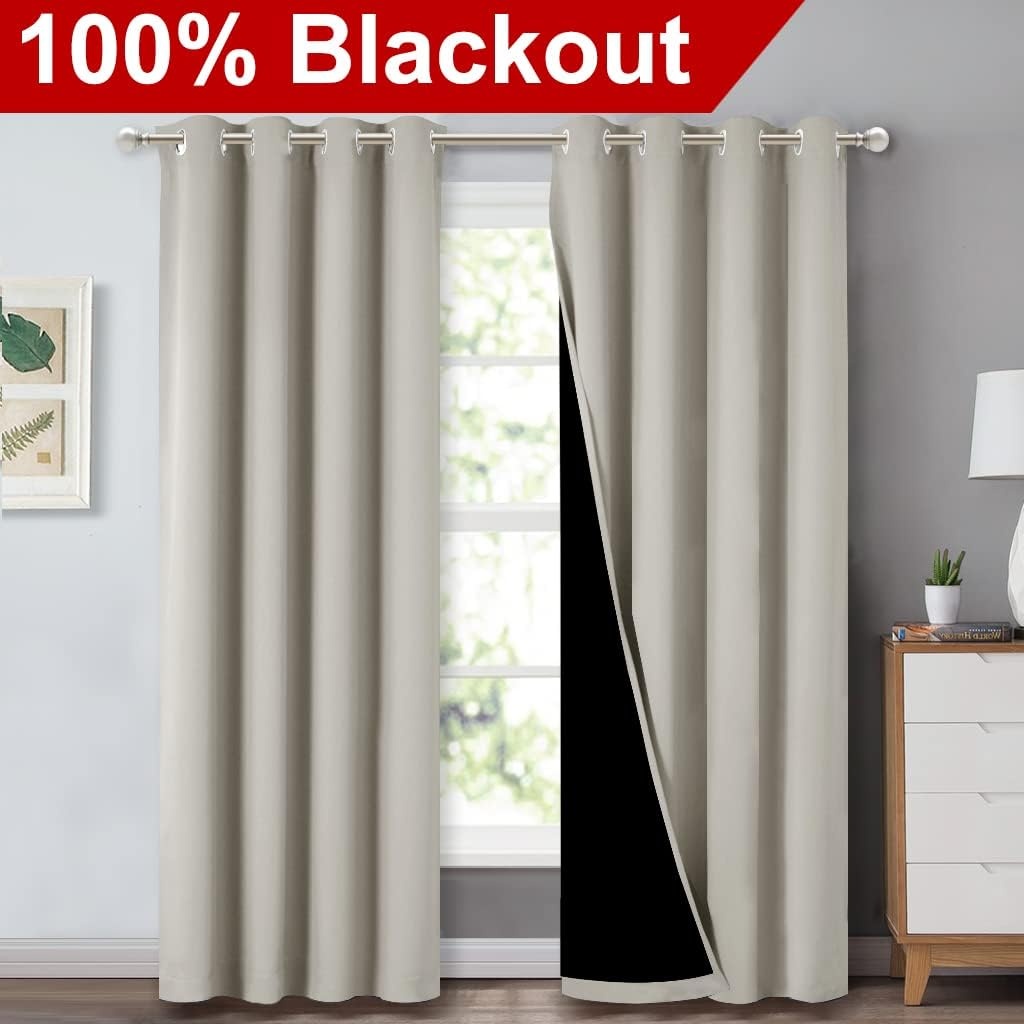 image:imageNICETOWN 100 Blackout Window 84in Curtain Panels Cold and Light Blocking Drapes with Black Liner Natural 2 Pieces 52 Wide per Panel