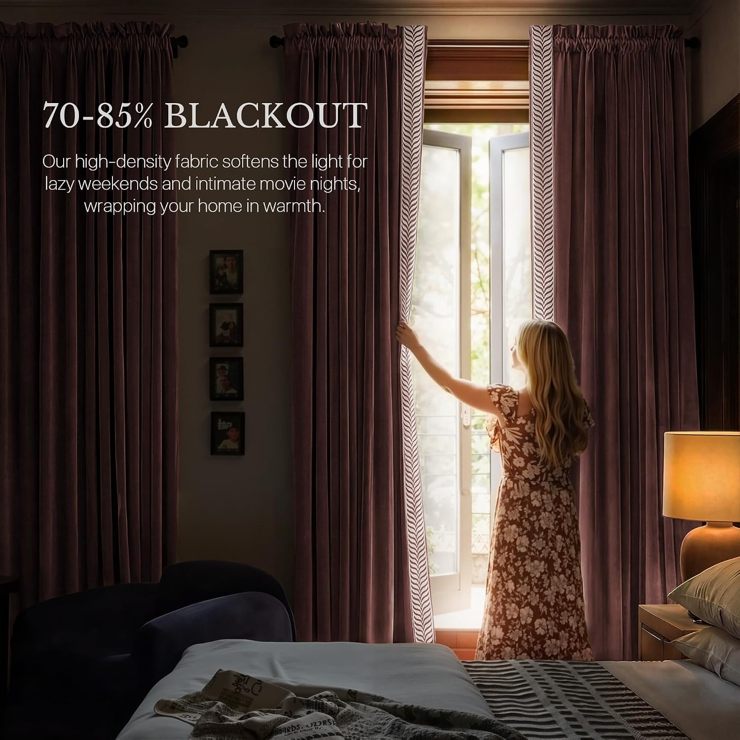 image:imageNICETOWN Black Velvet Blackout Curtains 96 inch Long 2 Panels1 Embroidered Trim Blush Pink