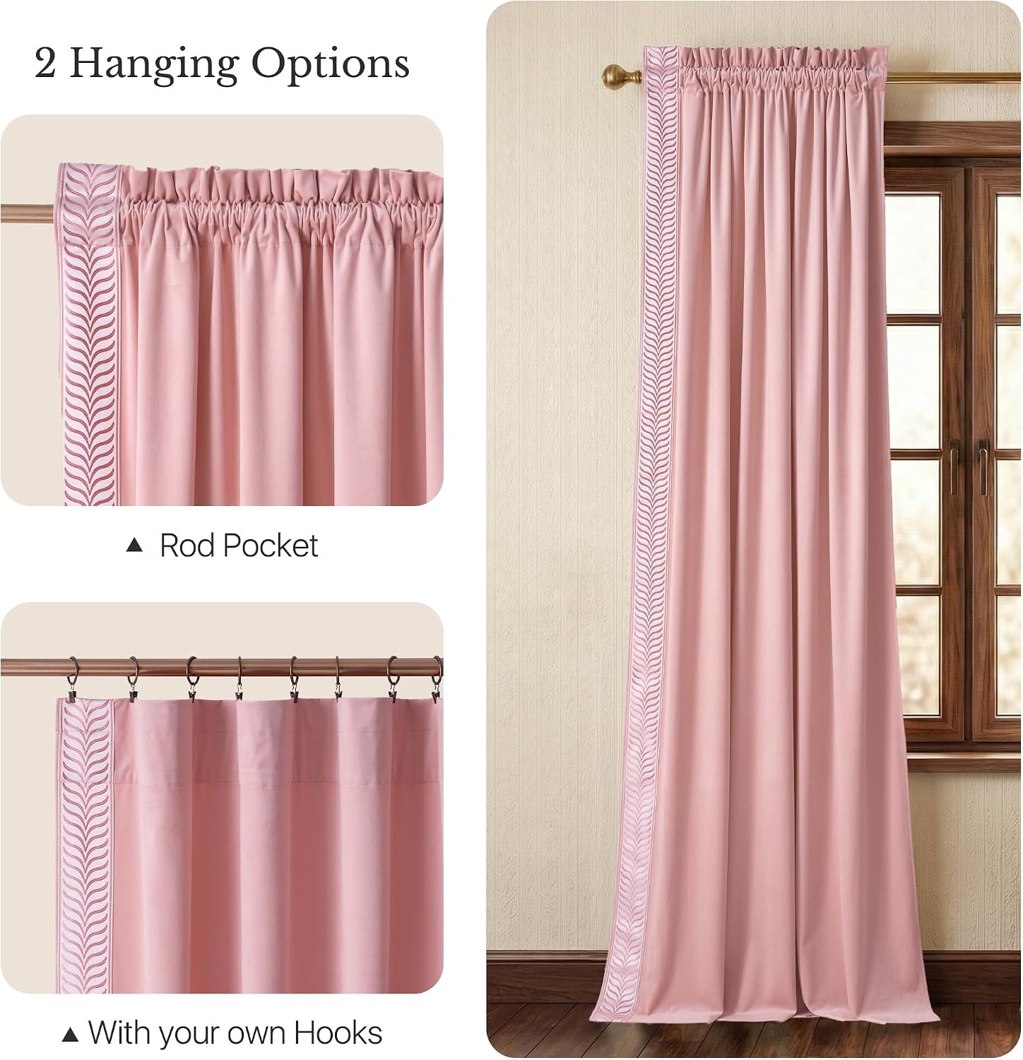 image:imageNICETOWN Black Velvet Blackout Curtains 96 inch Long 2 Panels1 Embroidered Trim Blush Pink