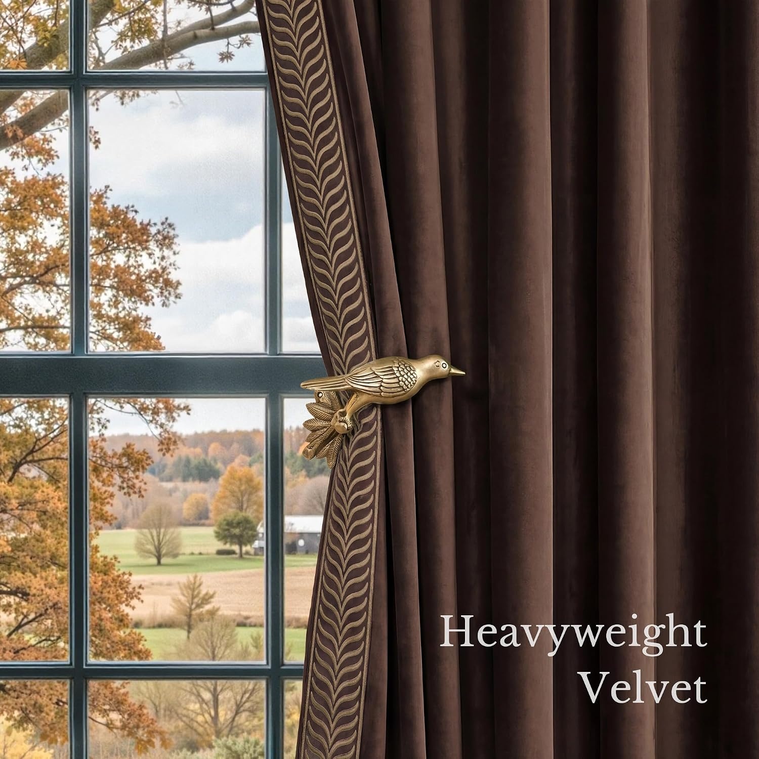 image:imageNICETOWN Black Velvet Blackout Curtains 96 inch Long 2 Panels1 Embroidered Trim Brown