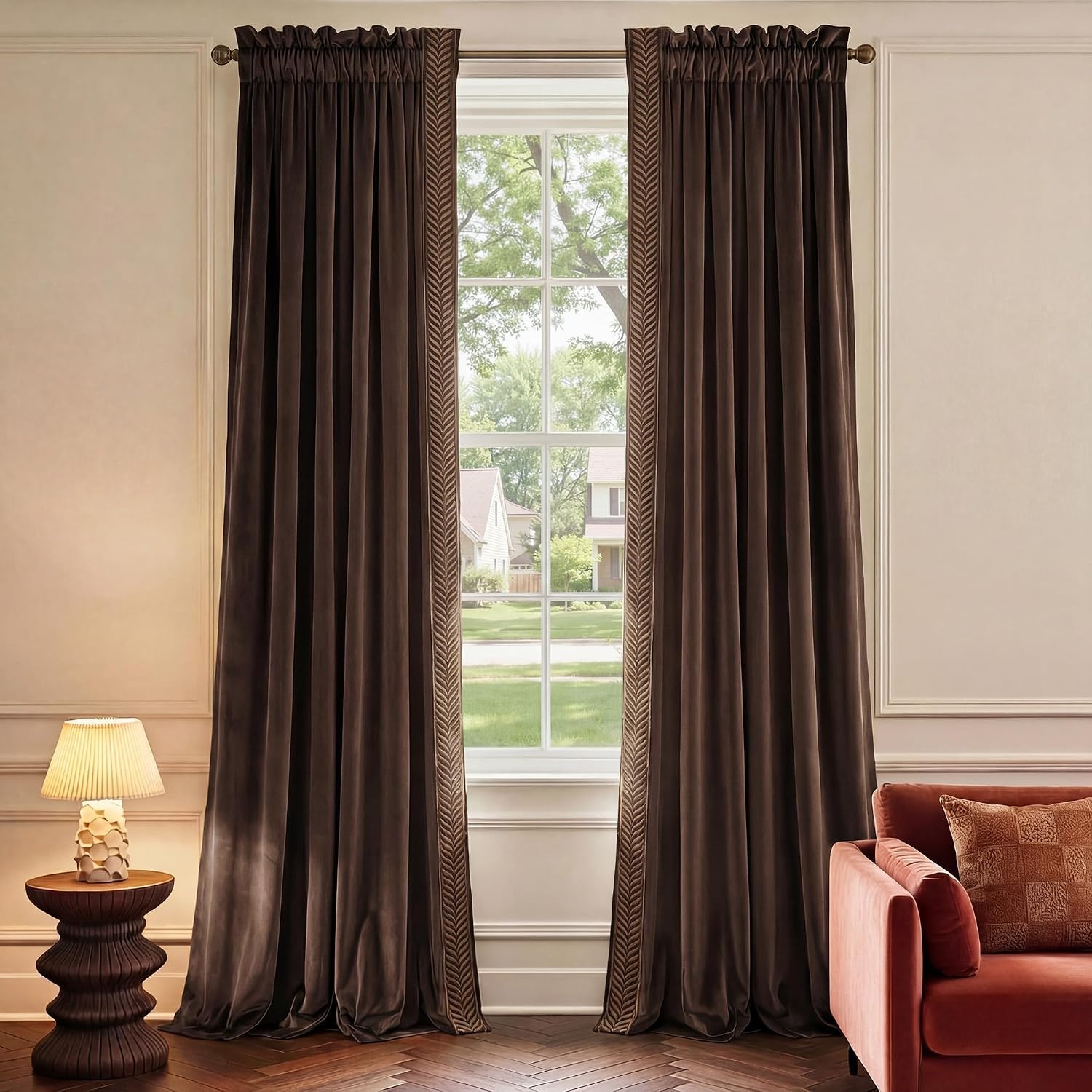 image:imageNICETOWN Black Velvet Blackout Curtains 96 inch Long 2 Panels1 Embroidered Trim Brown