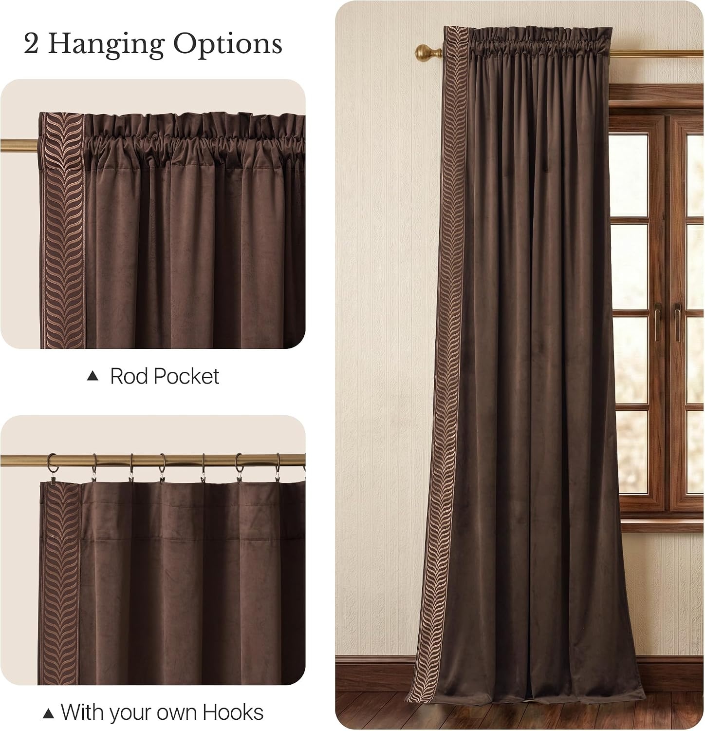 image:imageNICETOWN Black Velvet Blackout Curtains 96 inch Long 2 Panels1 Embroidered Trim Brown