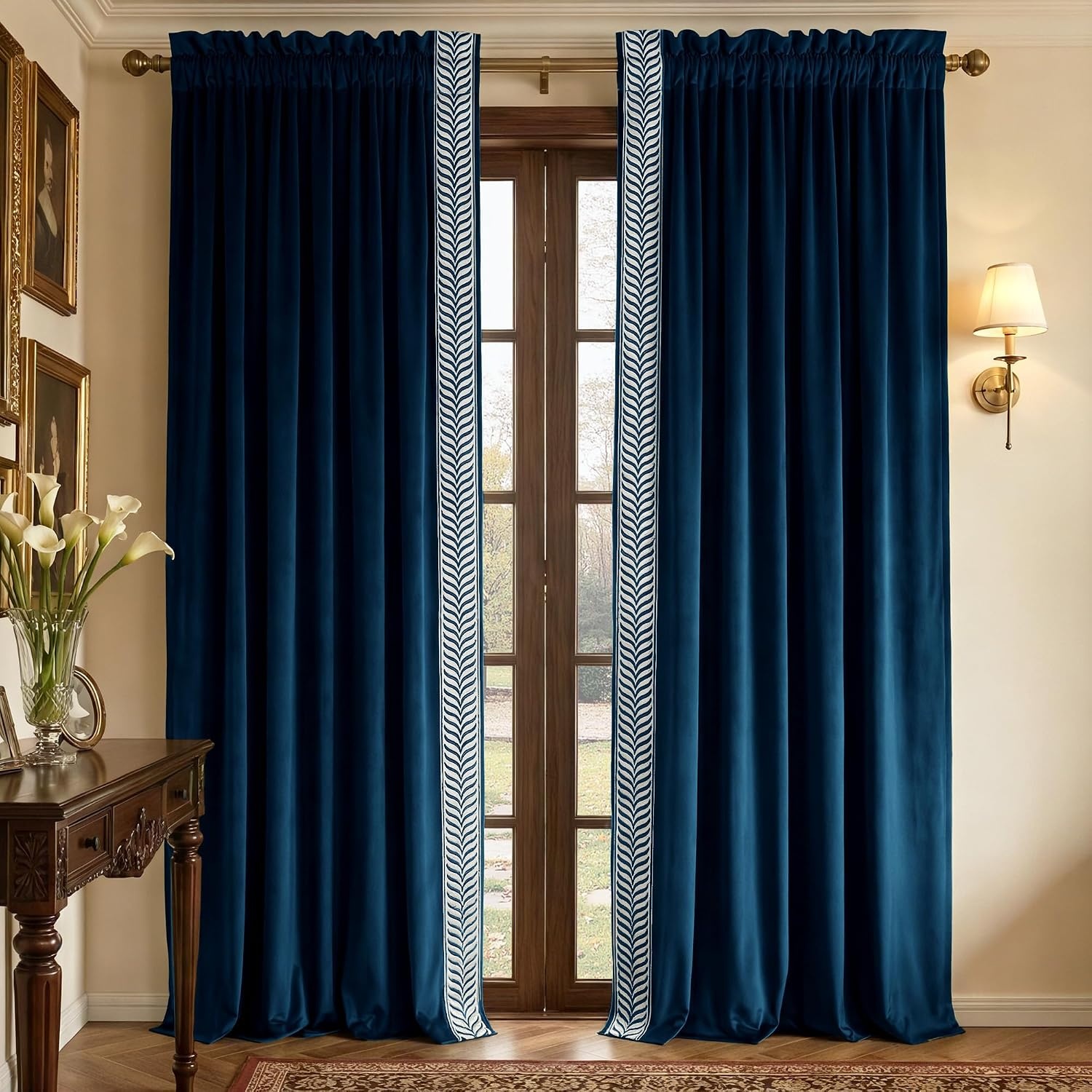 image:imageNICETOWN Black Velvet Blackout Curtains 96 inch Long 2 Panels1 Embroidered Trim Navy Blue