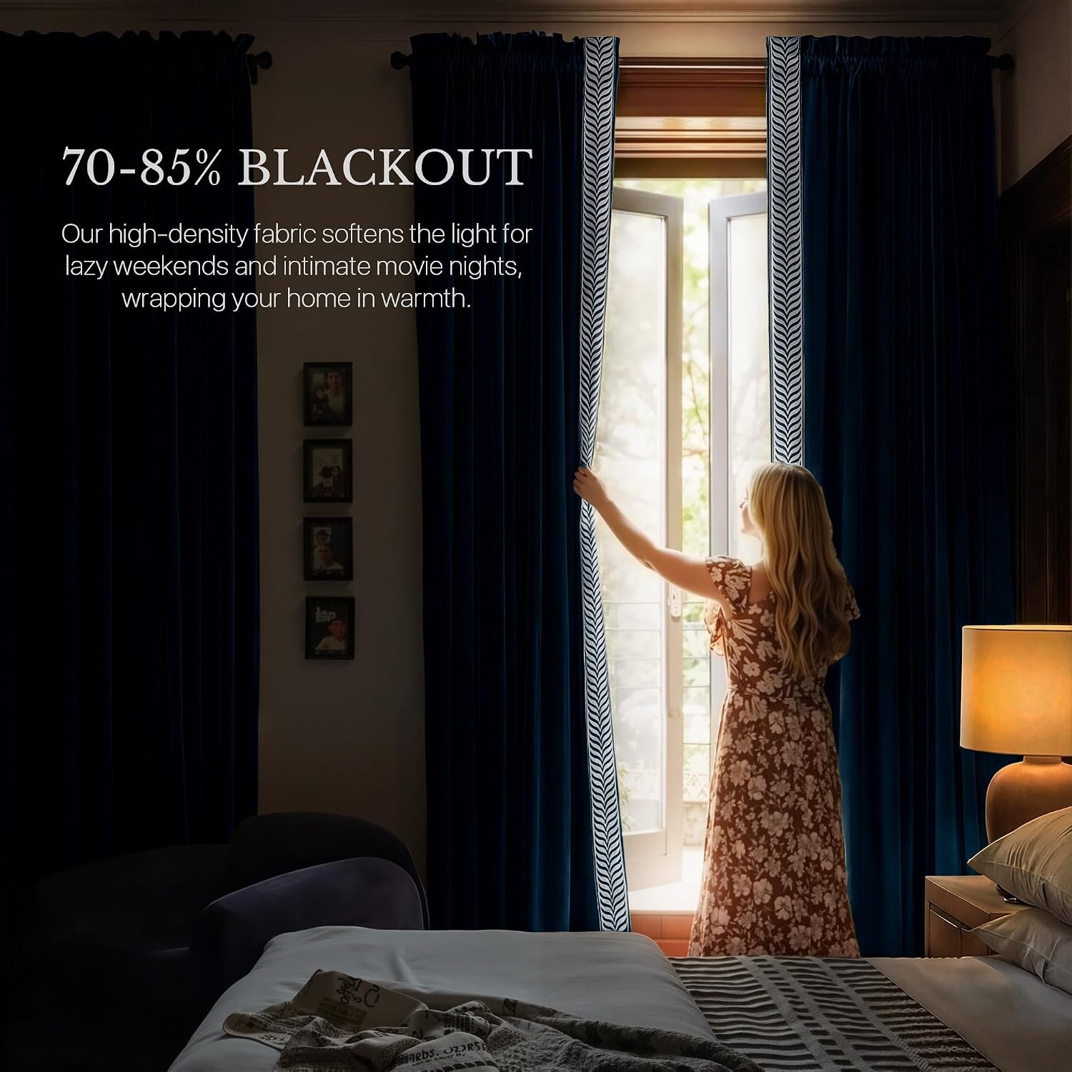 image:imageNICETOWN Black Velvet Blackout Curtains 96 inch Long 2 Panels1 Embroidered Trim Navy Blue