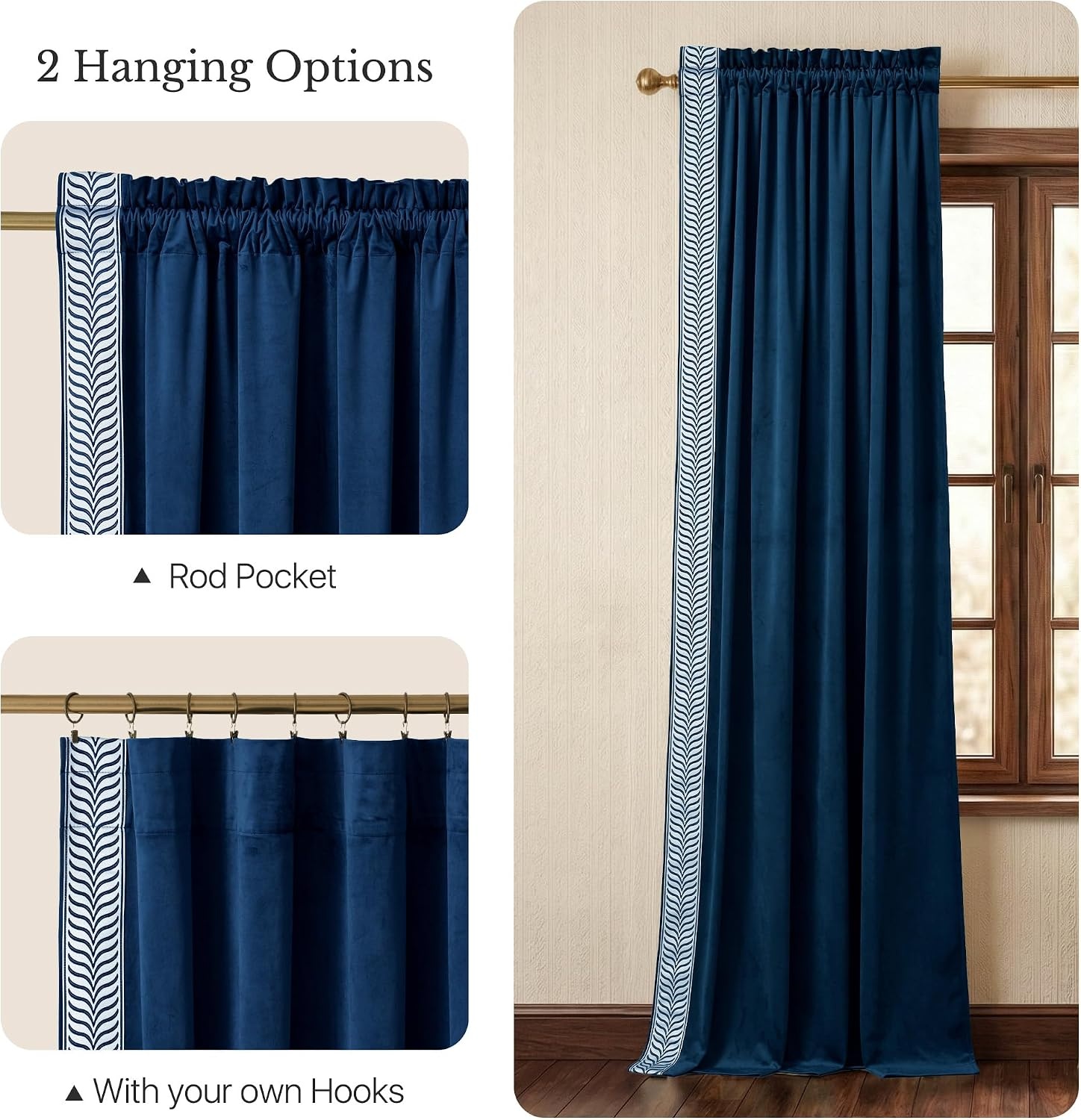 image:imageNICETOWN Black Velvet Blackout Curtains 96 inch Long 2 Panels1 Embroidered Trim Navy Blue