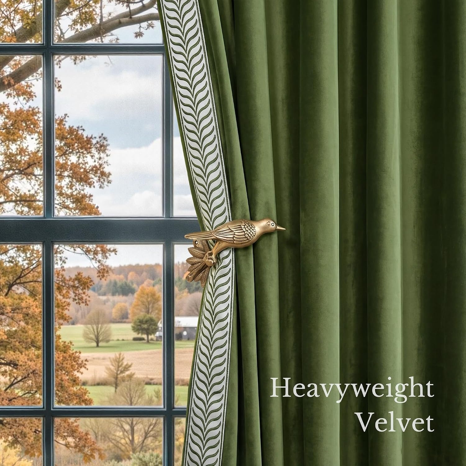 image:imageNICETOWN Black Velvet Blackout Curtains 96 inch Long 2 Panels1 Embroidered Trim Olive Green