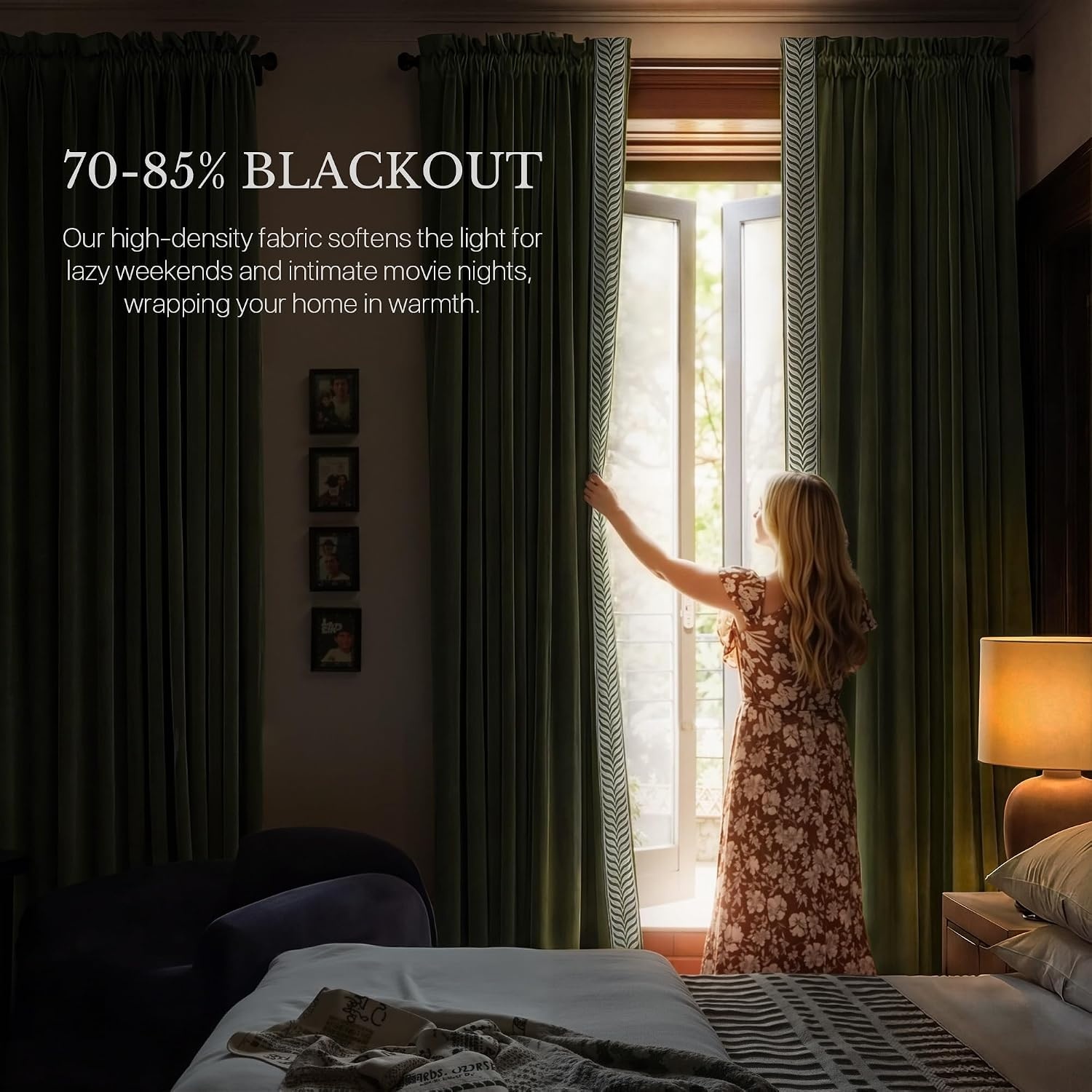 image:imageNICETOWN Black Velvet Blackout Curtains 96 inch Long 2 Panels1 Embroidered Trim Olive Green