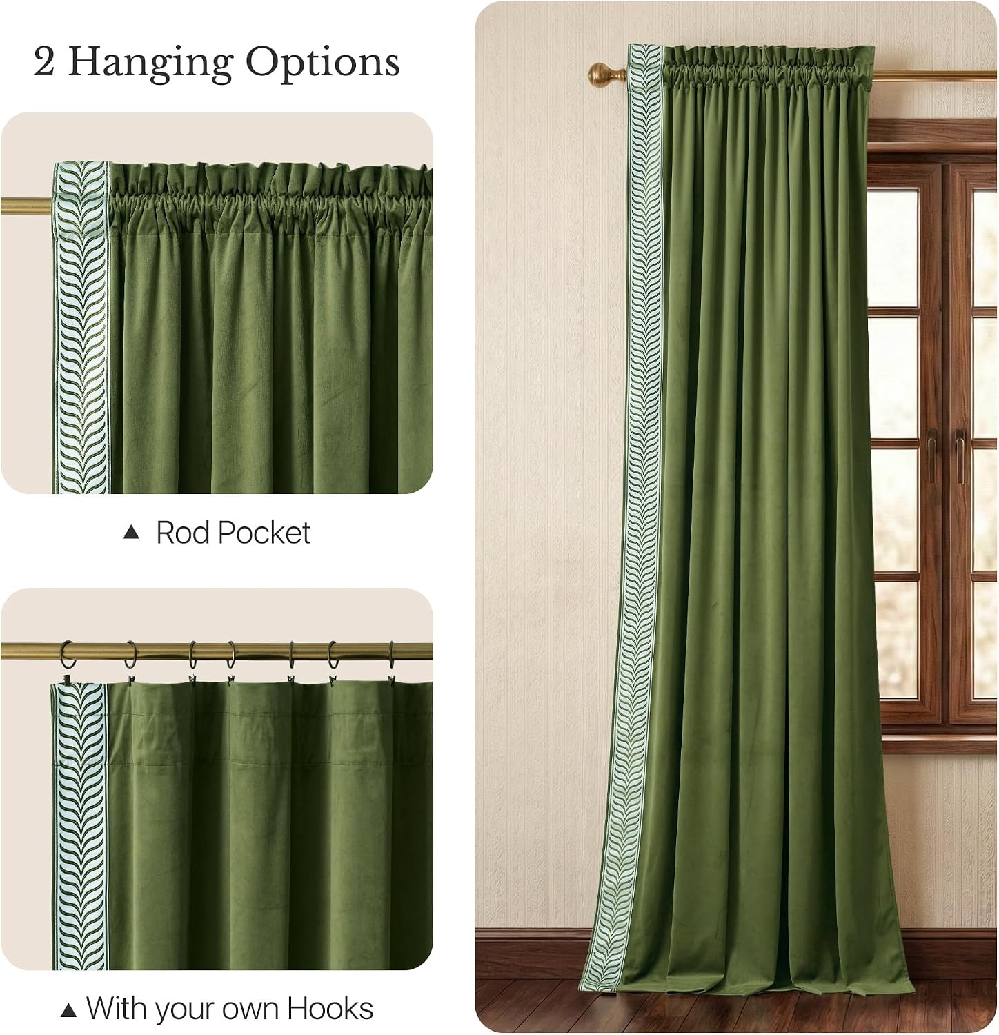image:imageNICETOWN Black Velvet Blackout Curtains 96 inch Long 2 Panels1 Embroidered Trim Olive Green