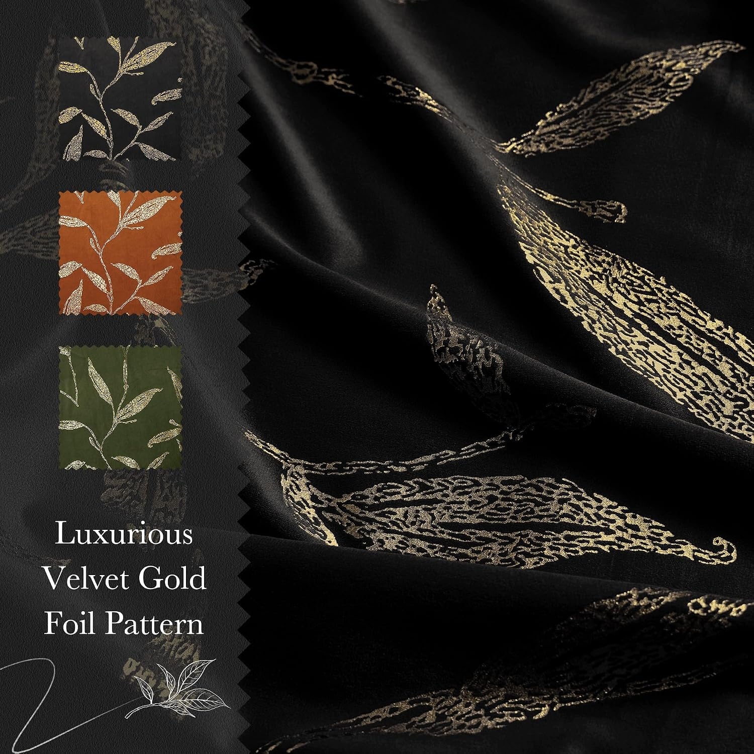 image:imageNICETOWN Black Velvet Blackout Curtains 96 inch Long 2 Panels2 Leaf Pattern Black