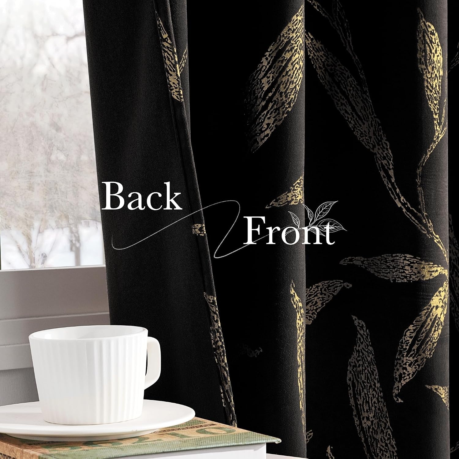 image:imageNICETOWN Black Velvet Blackout Curtains 96 inch Long 2 Panels2 Leaf Pattern Black