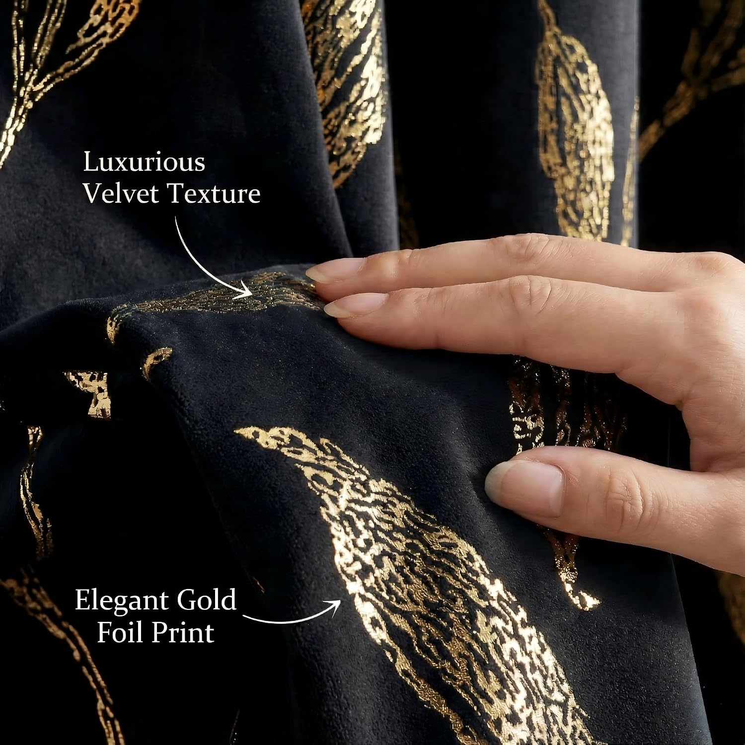 image:imageNICETOWN Black Velvet Blackout Curtains 96 inch Long 2 Panels2 Leaf Pattern Black