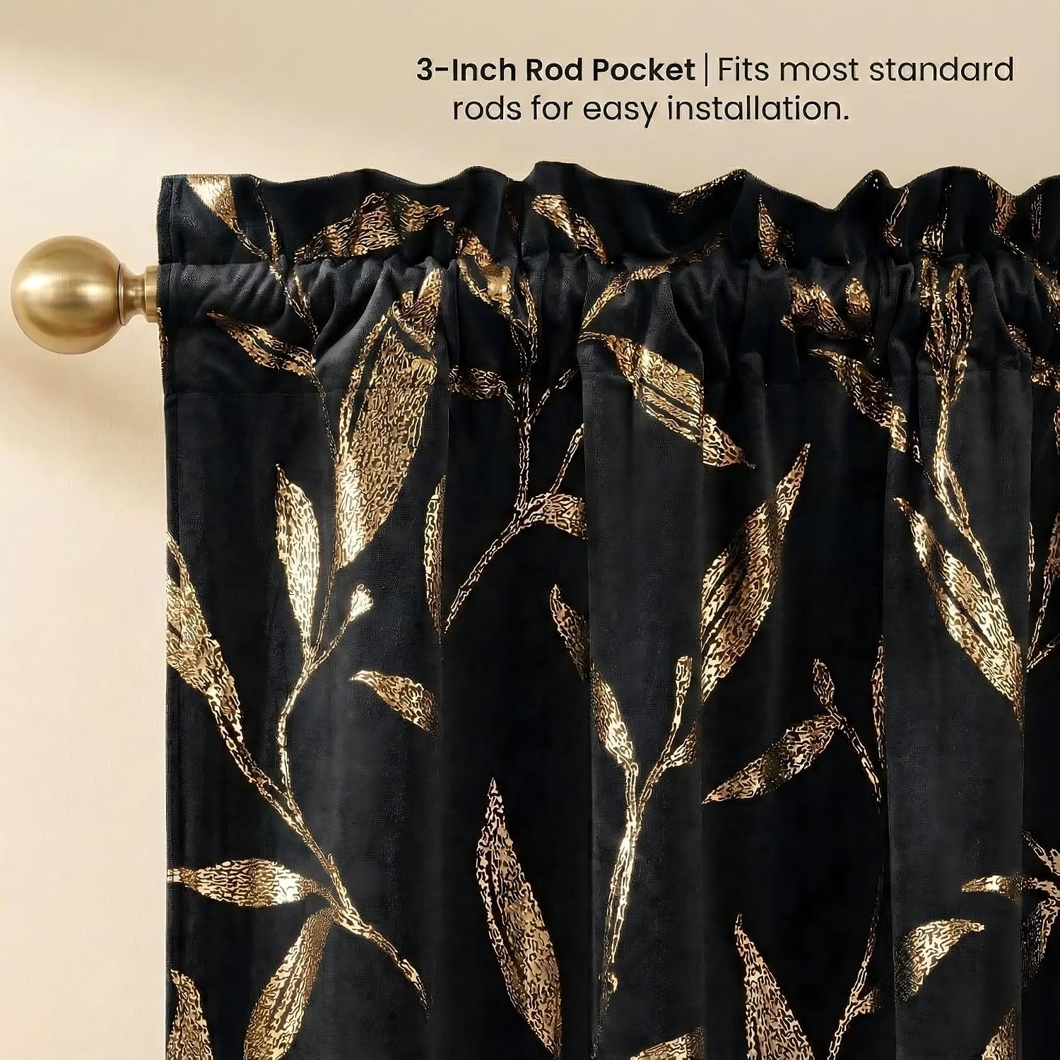 image:imageNICETOWN Black Velvet Blackout Curtains 96 inch Long 2 Panels2 Leaf Pattern Black