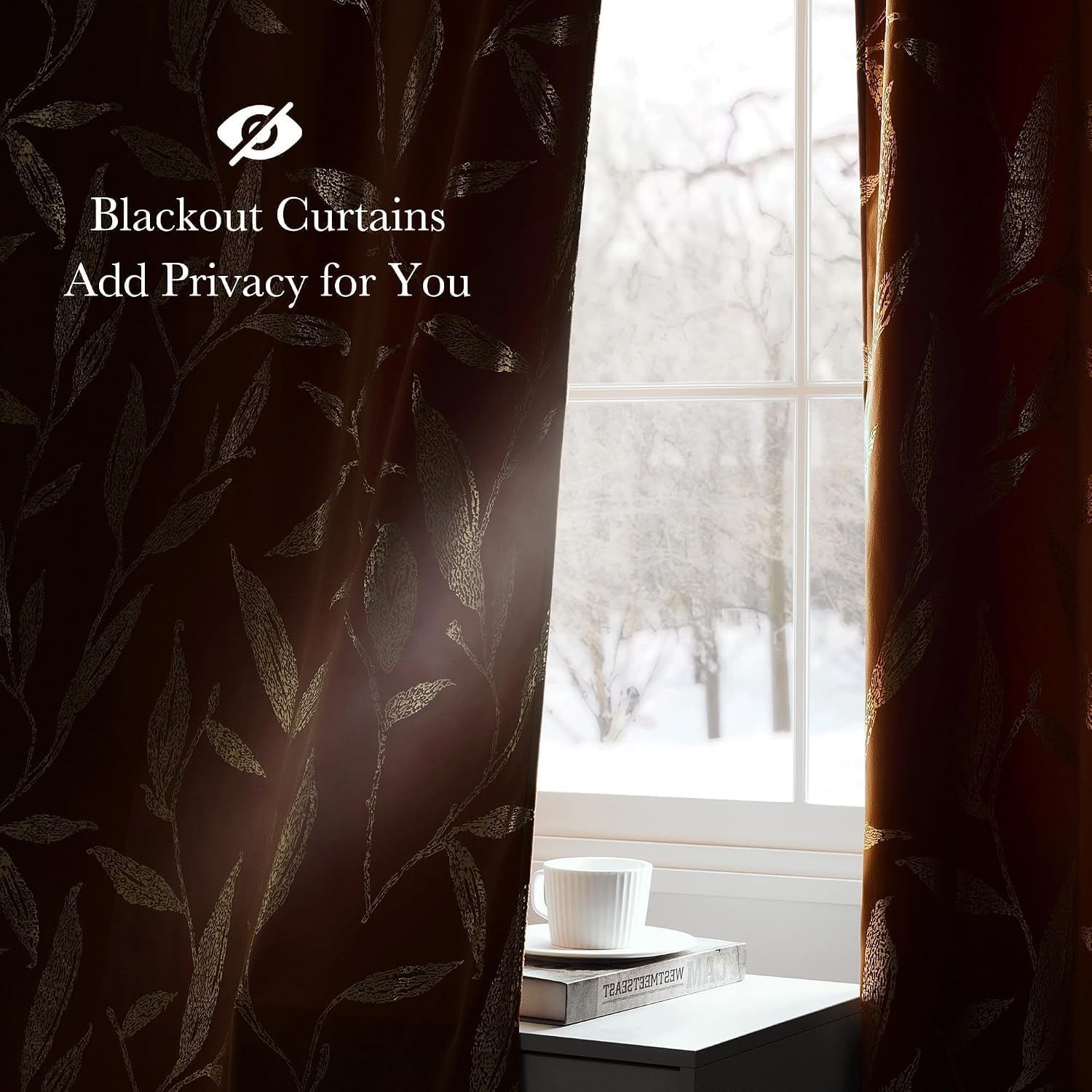 image:imageNICETOWN Black Velvet Blackout Curtains 96 inch Long 2 Panels2 Leaf Pattern Burnt Orange