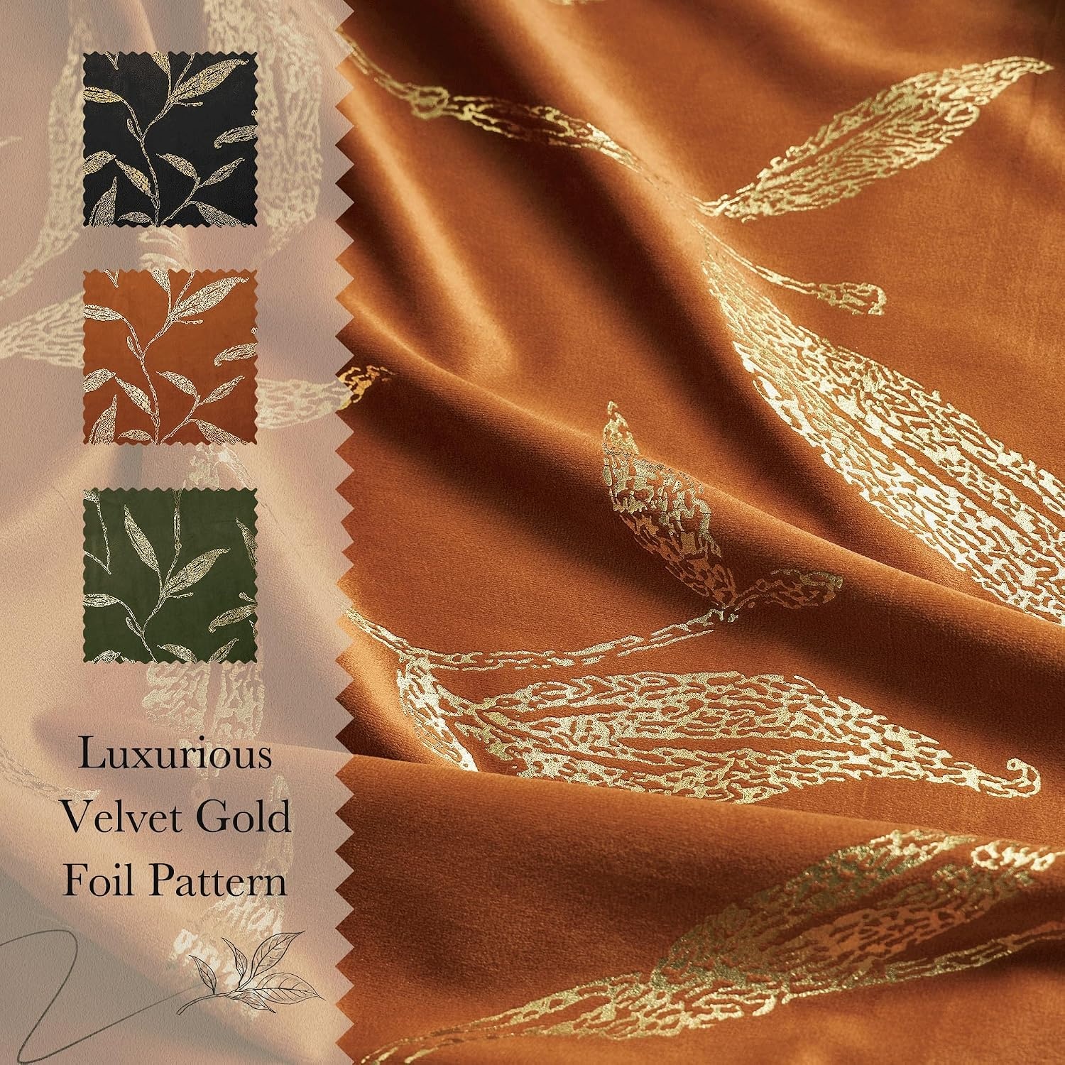 image:imageNICETOWN Black Velvet Blackout Curtains 96 inch Long 2 Panels2 Leaf Pattern Burnt Orange
