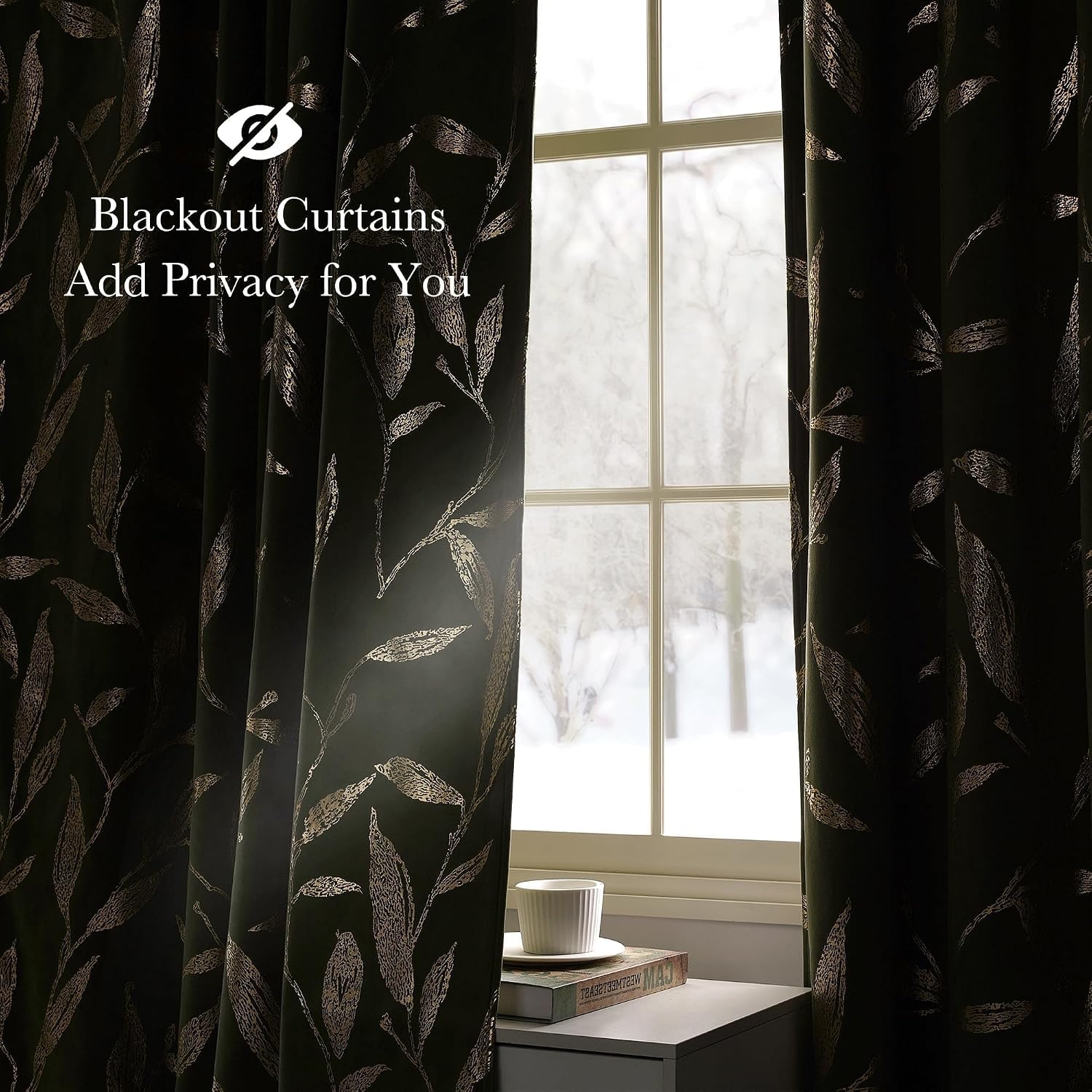 image:imageNICETOWN Black Velvet Blackout Curtains 96 inch Long 2 Panels2 Leaf Pattern Olive Green