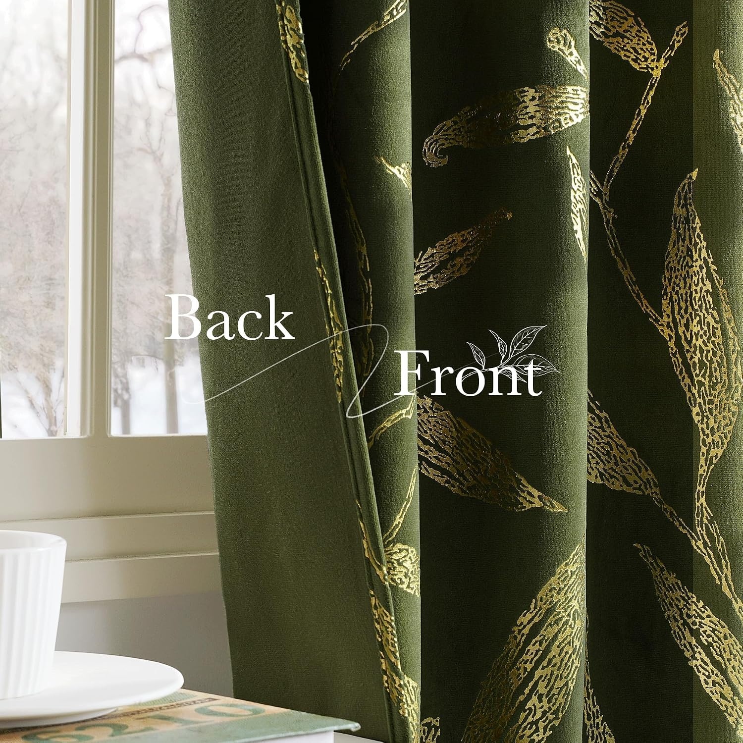image:imageNICETOWN Black Velvet Blackout Curtains 96 inch Long 2 Panels2 Leaf Pattern Olive Green