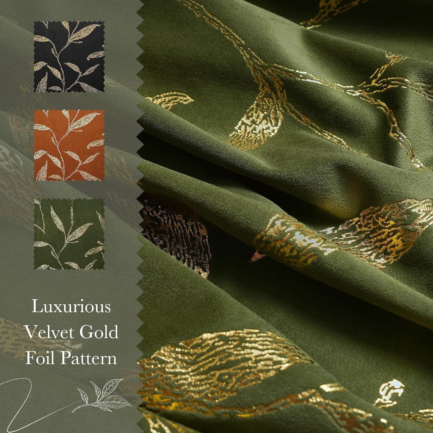 image:imageNICETOWN Black Velvet Blackout Curtains 96 inch Long 2 Panels2 Leaf Pattern Olive Green