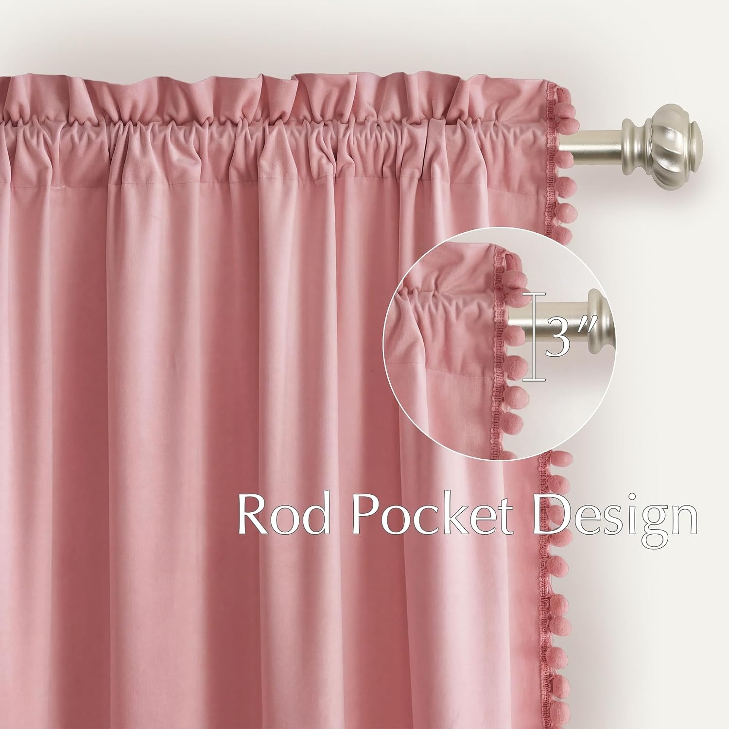 image:imageNICETOWN Black Velvet Blackout Curtains 96 inch Long 2 Panels3 Pom Pom Blush Pink