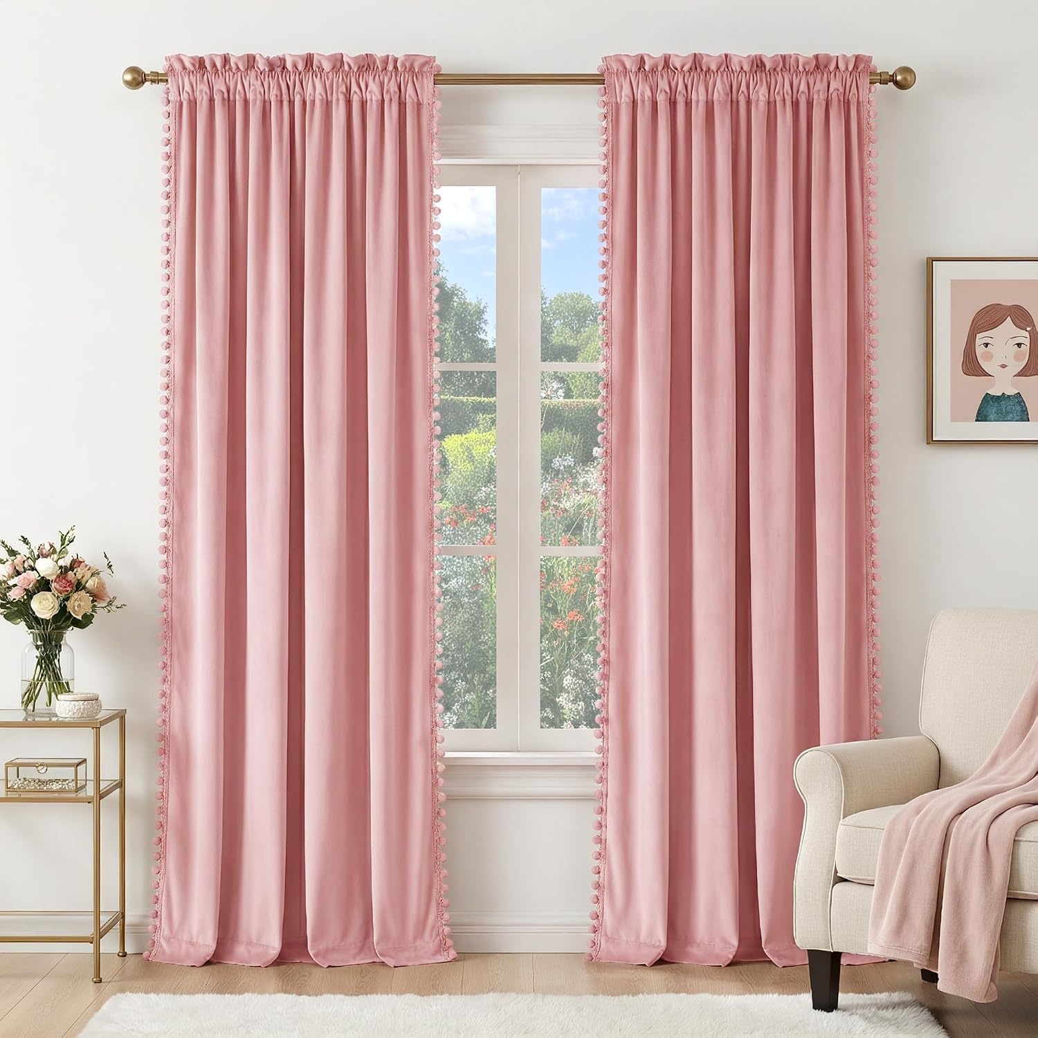 image:imageNICETOWN Black Velvet Blackout Curtains 96 inch Long 2 Panels3 Pom Pom Blush Pink