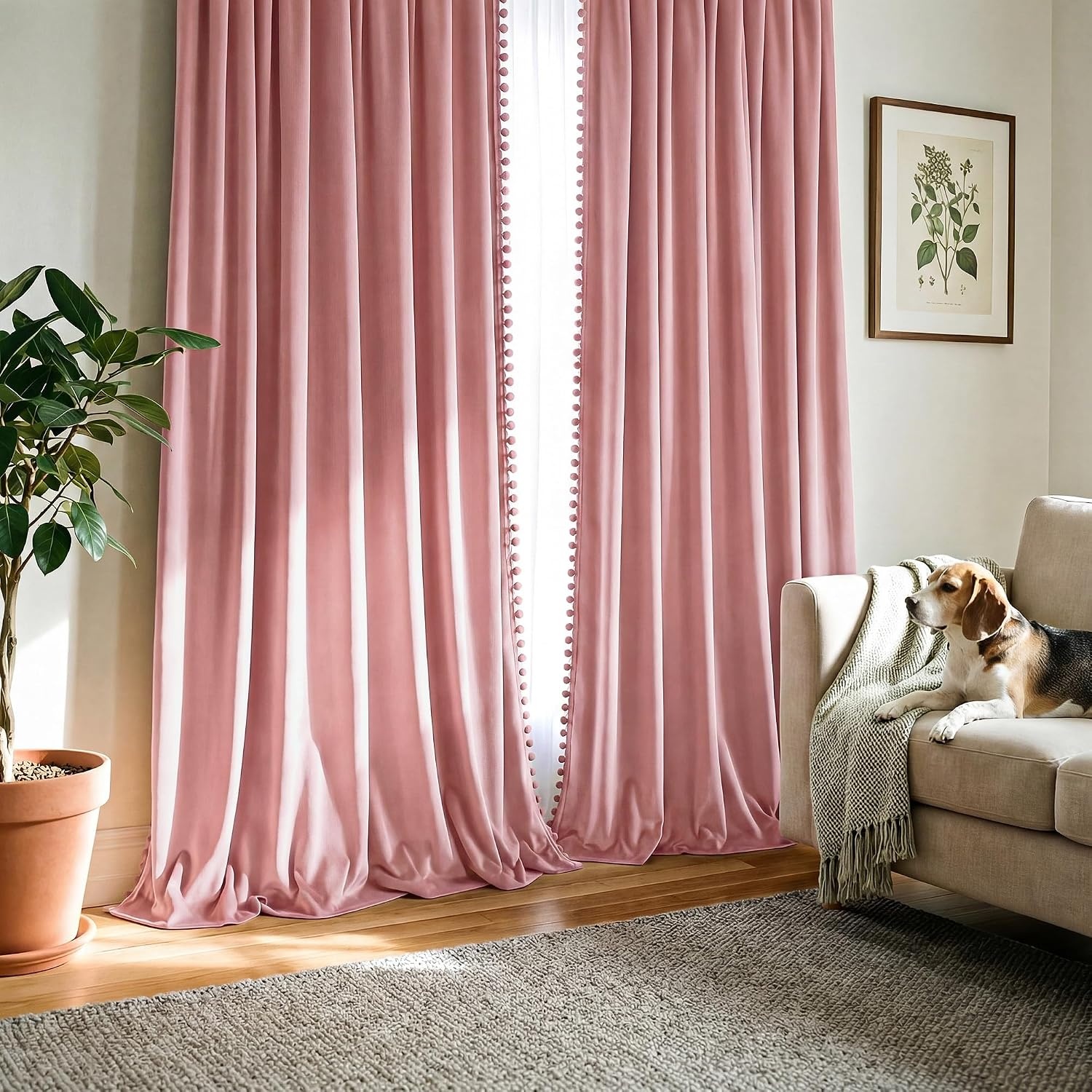 image:imageNICETOWN Black Velvet Blackout Curtains 96 inch Long 2 Panels3 Pom Pom Blush Pink
