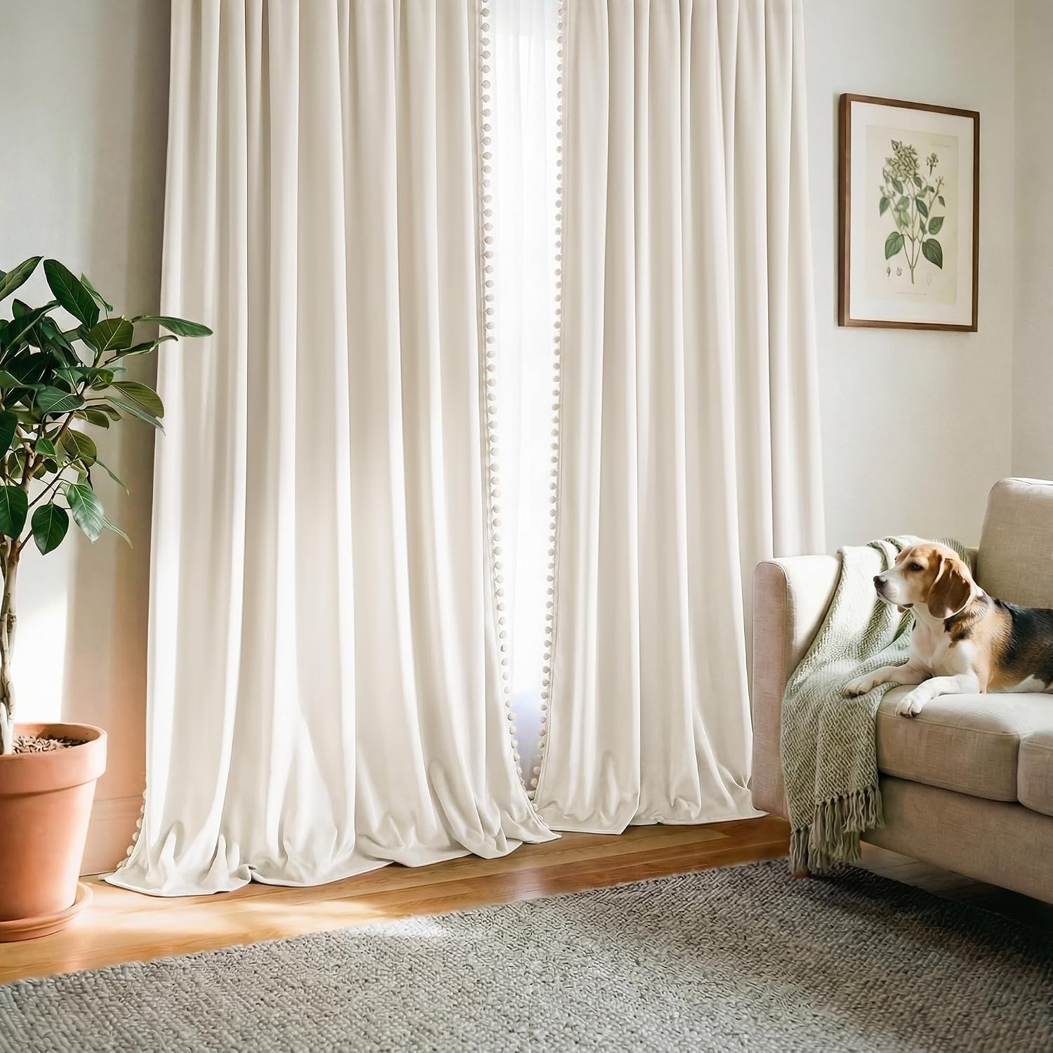 image:imageNICETOWN Black Velvet Blackout Curtains 96 inch Long 2 Panels3 Pom Pom Ivory White