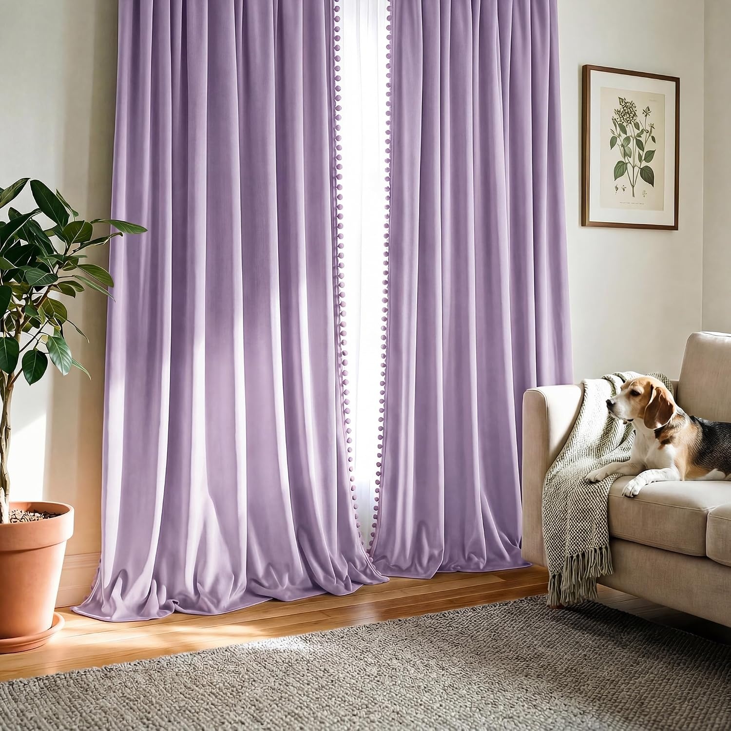 image:imageNICETOWN Black Velvet Blackout Curtains 96 inch Long 2 Panels3 Pom Pom Lilac Purple