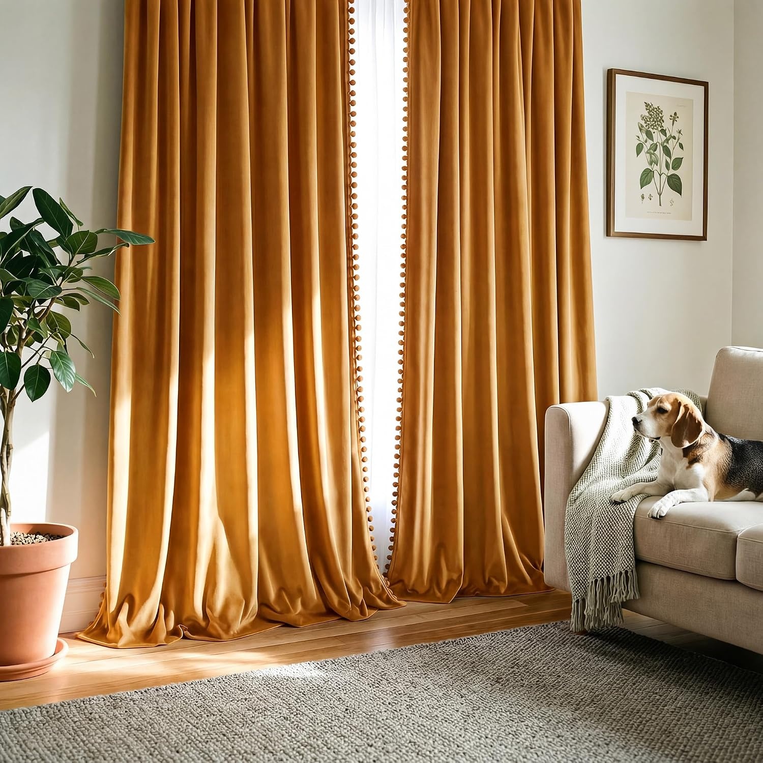 image:imageNICETOWN Black Velvet Blackout Curtains 96 inch Long 2 Panels3 Pom Pom Mustard Gold