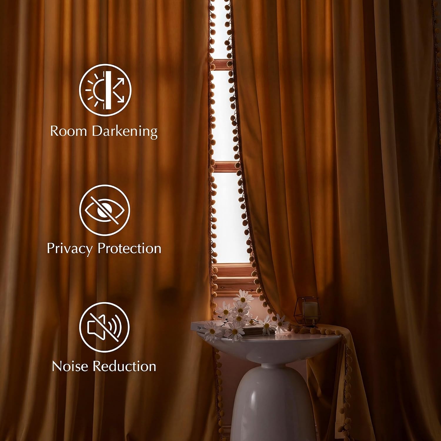 image:imageNICETOWN Black Velvet Blackout Curtains 96 inch Long 2 Panels3 Pom Pom Mustard Gold