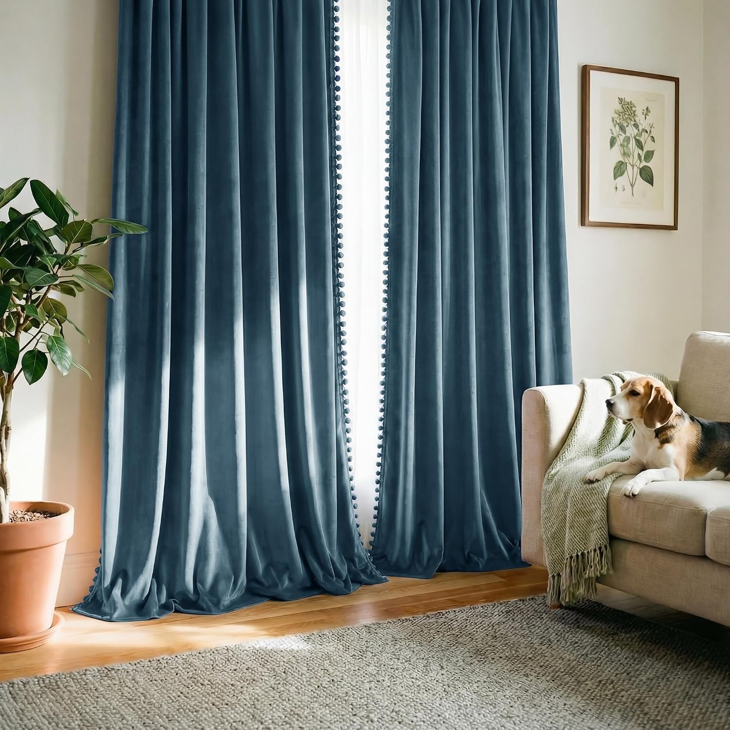 image:imageNICETOWN Black Velvet Blackout Curtains 96 inch Long 2 Panels3 Pom Pom Slate Blue