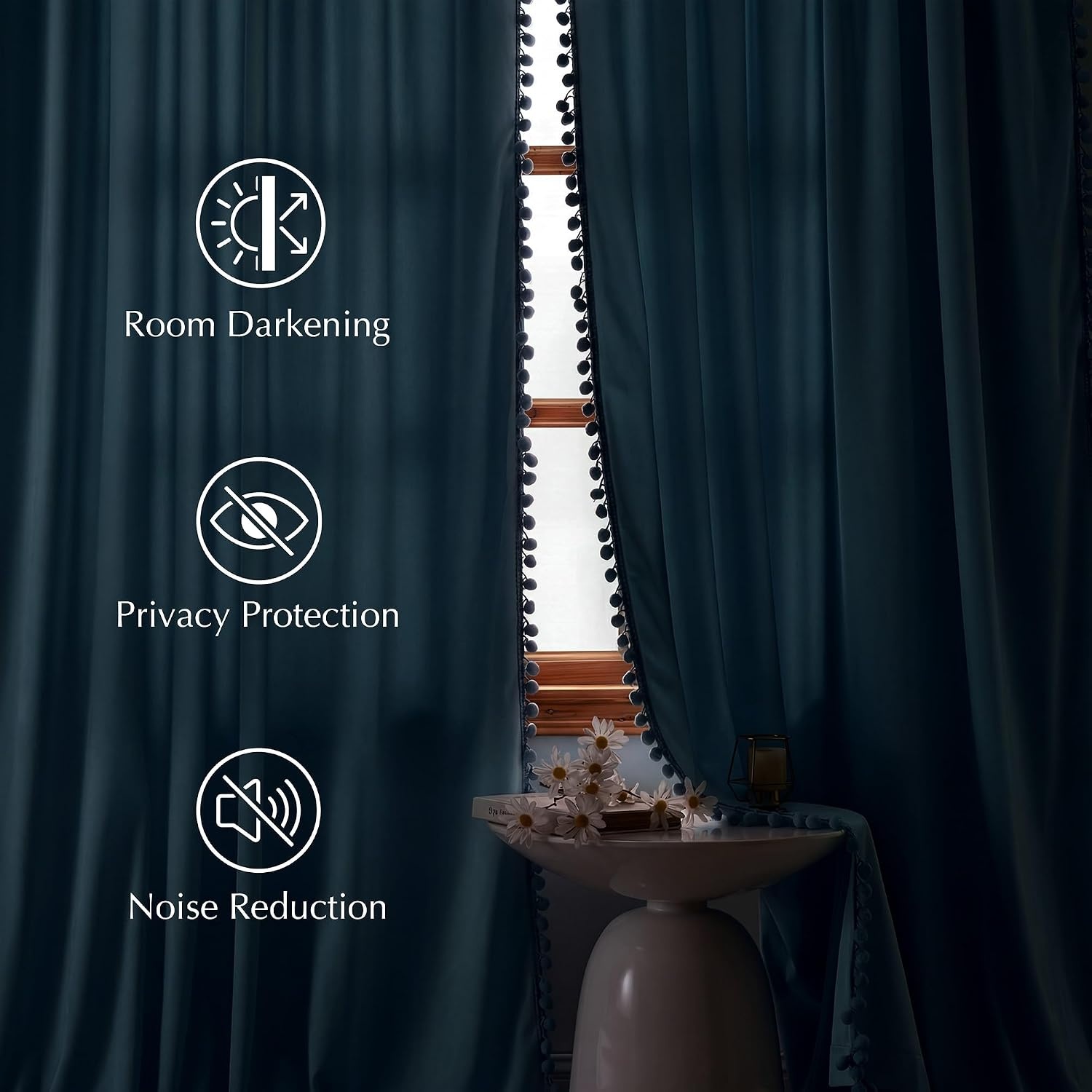 image:imageNICETOWN Black Velvet Blackout Curtains 96 inch Long 2 Panels3 Pom Pom Slate Blue