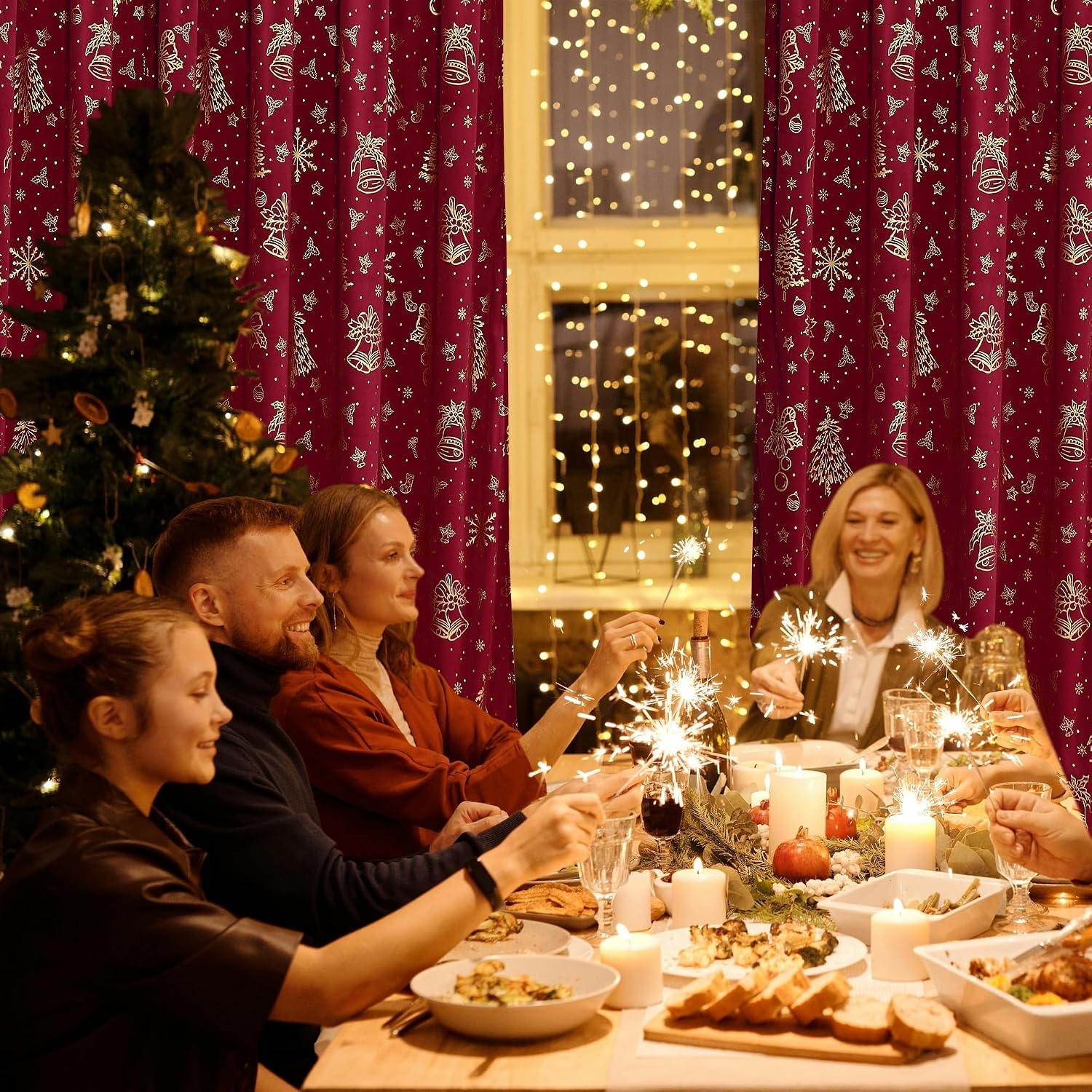 image:imageNICETOWN Black Velvet Blackout Curtains 96 inch Long 2 Panels3 Xmas Series Red