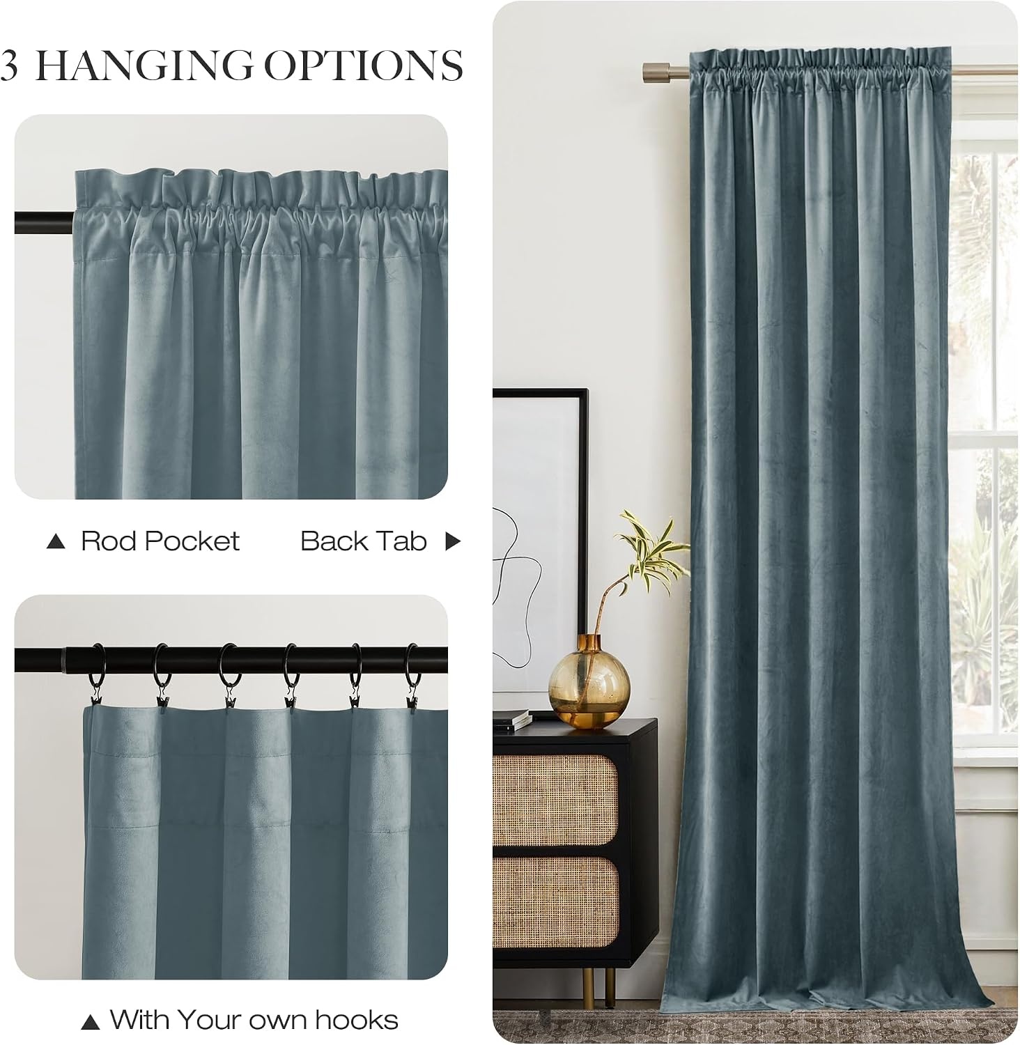 image:imageNICETOWN Black Velvet Blackout Curtains 96 inch Long 2 PanelsBlue Series Stone Blue
