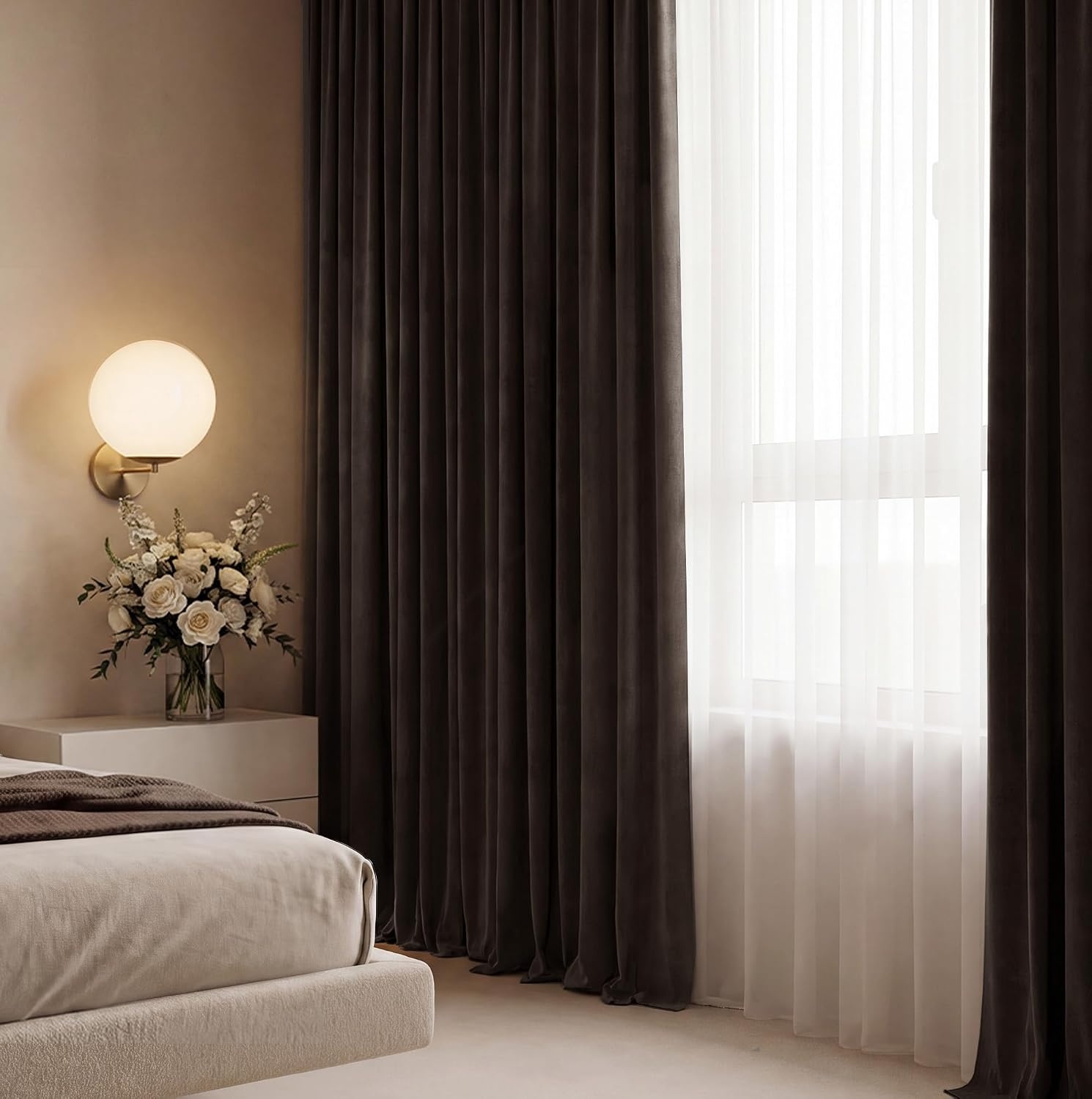 image:imageNICETOWN Black Velvet Blackout Curtains 96 inch Long 2 PanelsBrown Series Brown