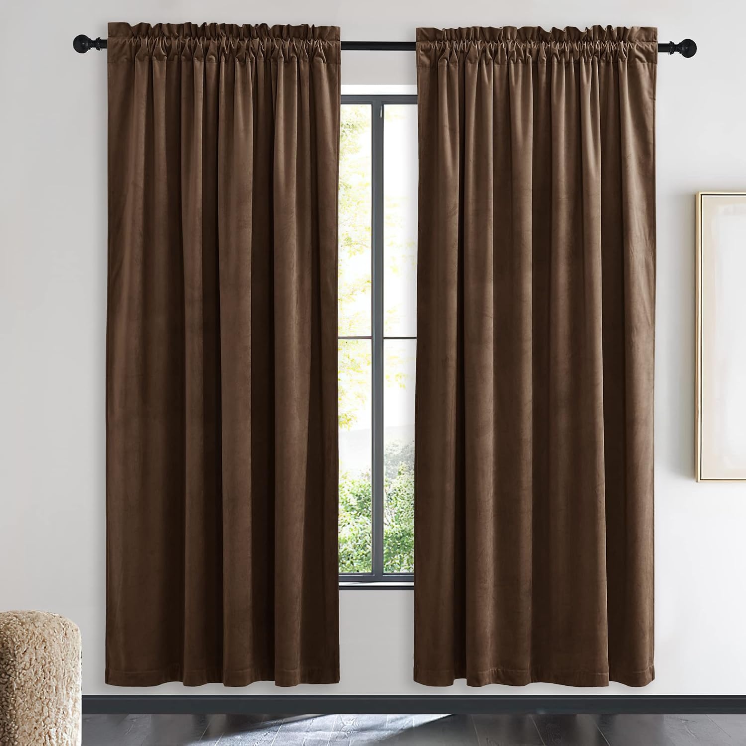 image:imageNICETOWN Black Velvet Blackout Curtains 96 inch Long 2 PanelsBrown Series Brown