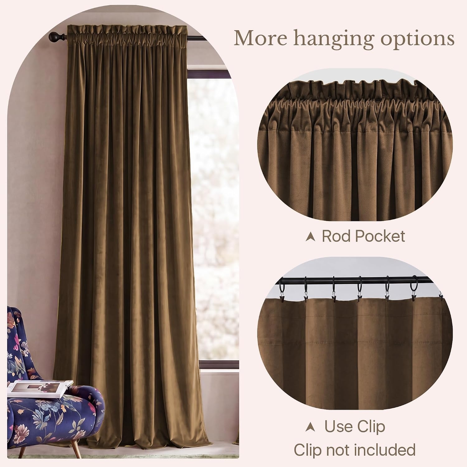 image:imageNICETOWN Black Velvet Blackout Curtains 96 inch Long 2 PanelsBrown Series Brown