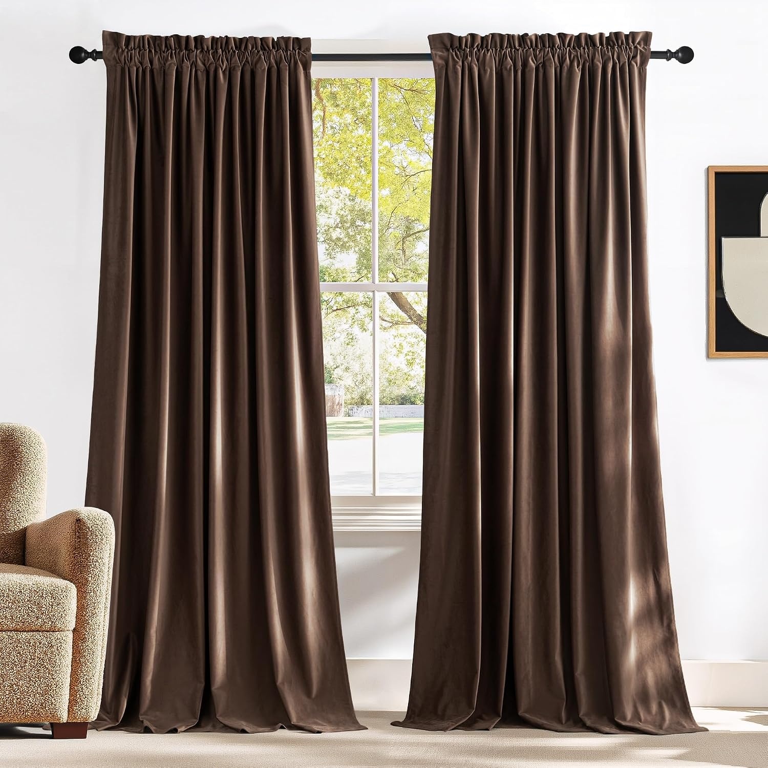 image:imageNICETOWN Black Velvet Blackout Curtains 96 inch Long 2 PanelsBrown Series Brown