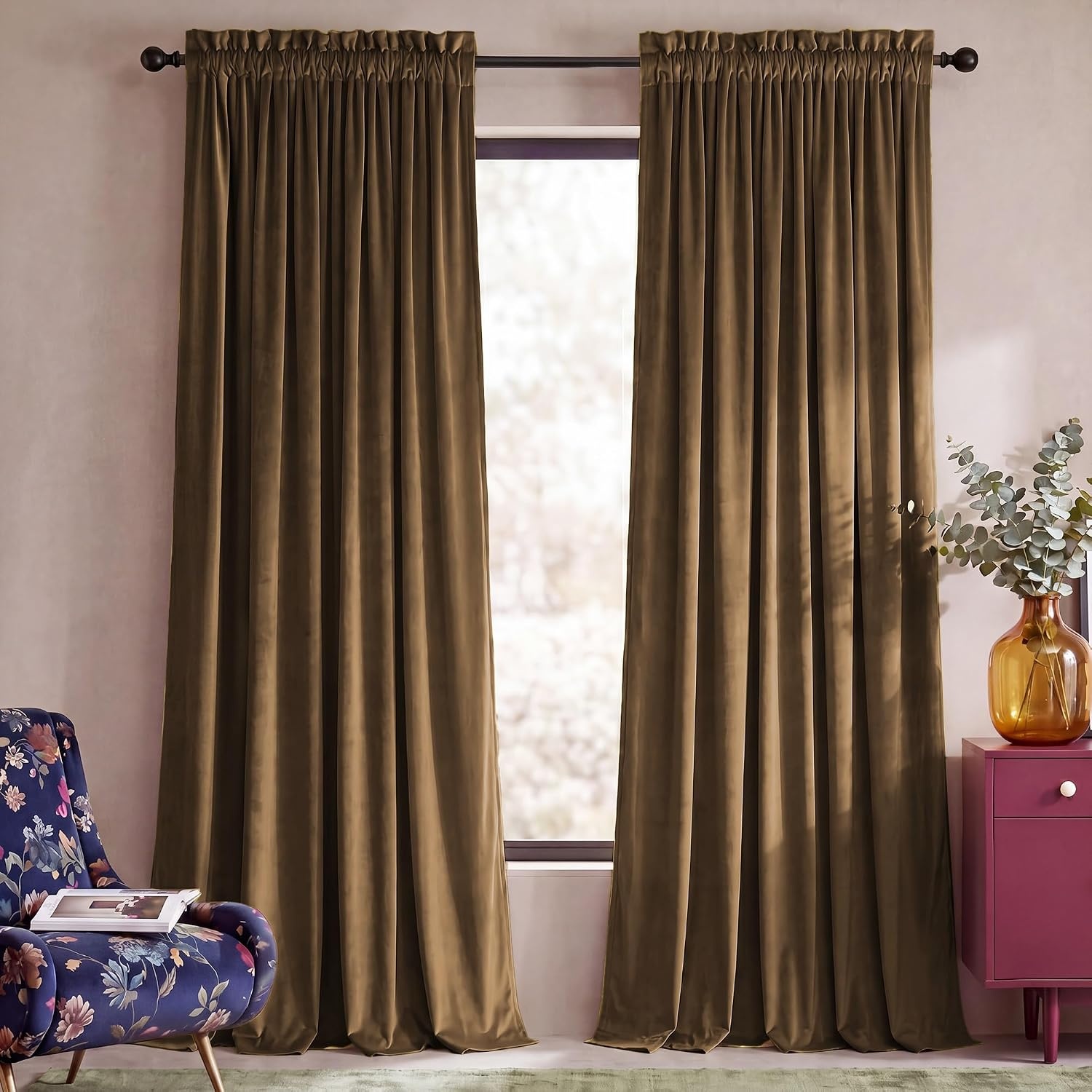image:imageNICETOWN Black Velvet Blackout Curtains 96 inch Long 2 PanelsBrown Series Brown