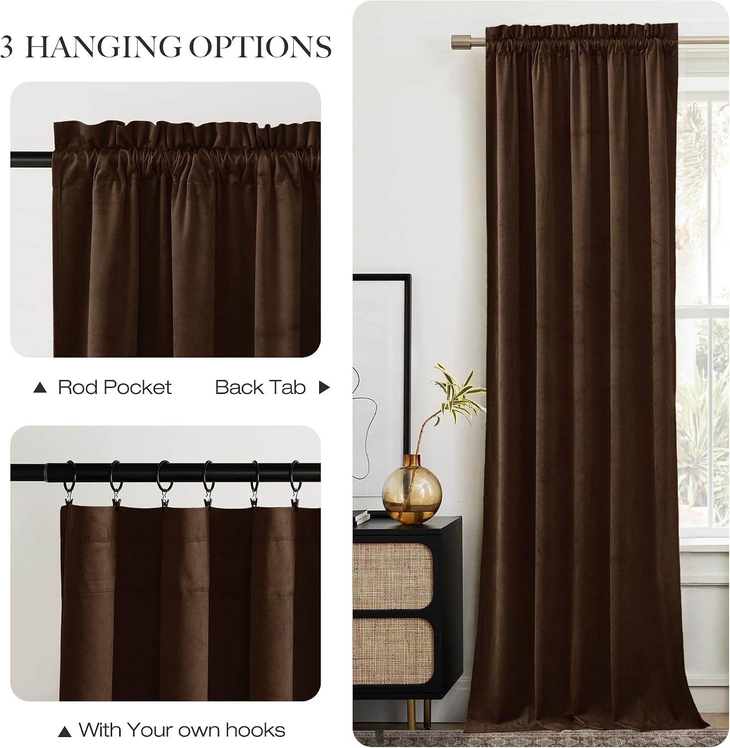 image:imageNICETOWN Black Velvet Blackout Curtains 96 inch Long 2 PanelsBrown Series Brown
