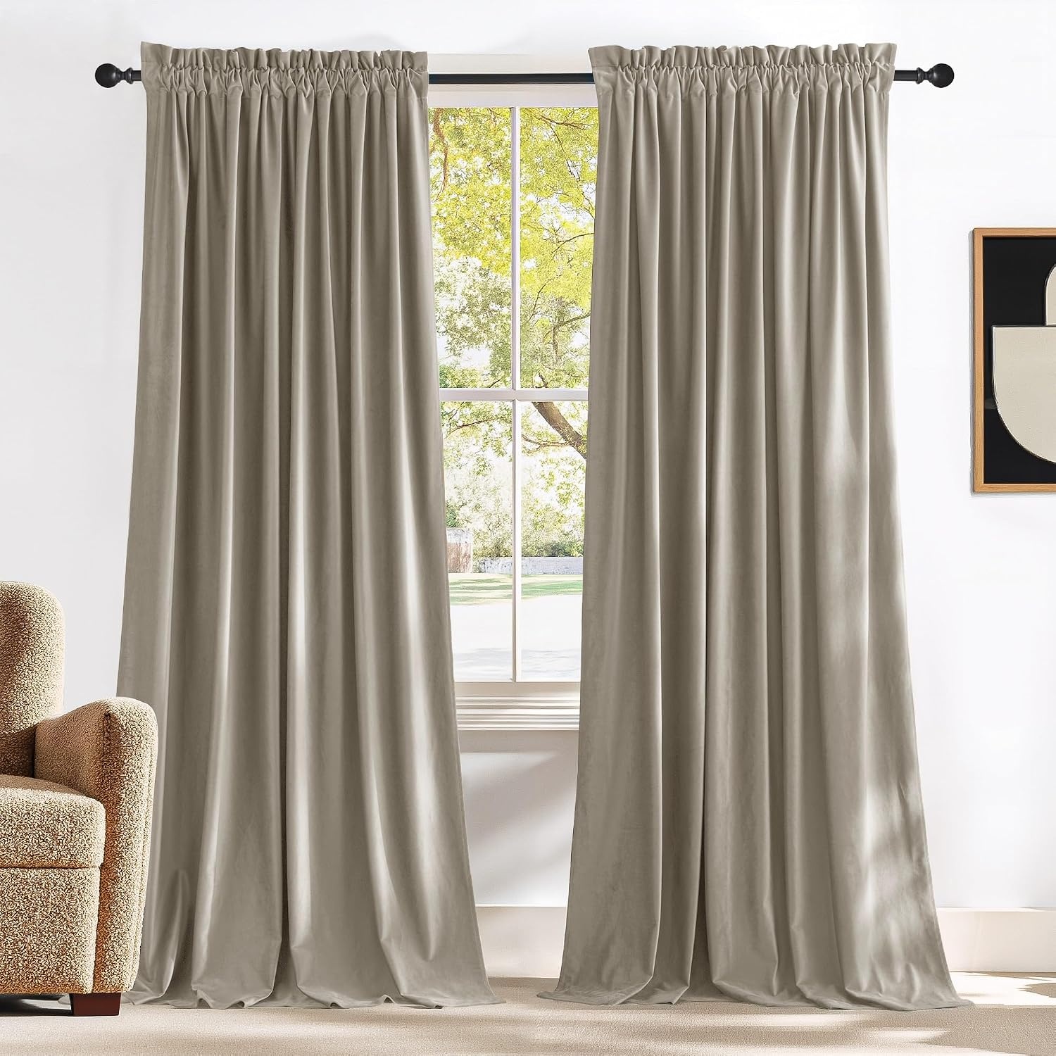 image:imageNICETOWN Black Velvet Blackout Curtains 96 inch Long 2 PanelsBrown Series Camel