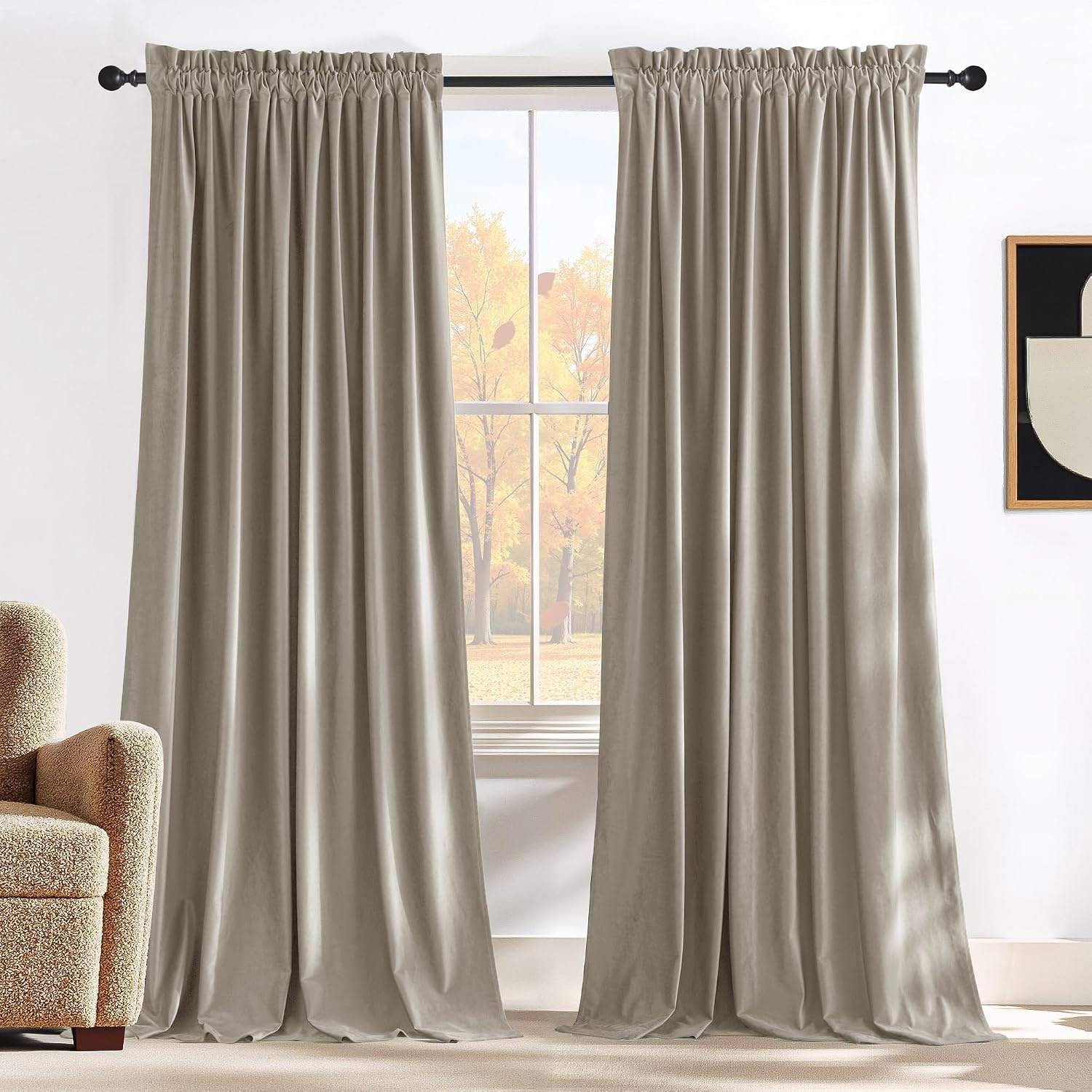 image:imageNICETOWN Black Velvet Blackout Curtains 96 inch Long 2 PanelsBrown Series Camel