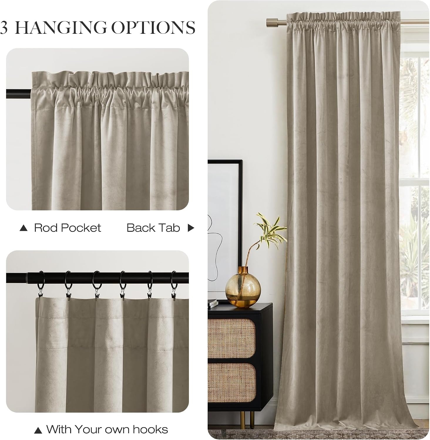 image:imageNICETOWN Black Velvet Blackout Curtains 96 inch Long 2 PanelsBrown Series Camel