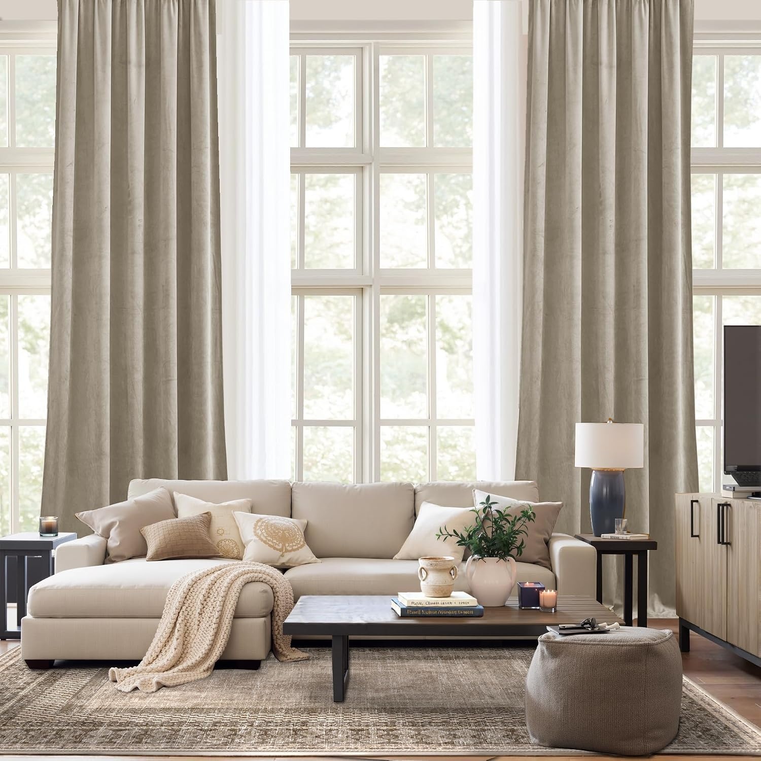image:imageNICETOWN Black Velvet Blackout Curtains 96 inch Long 2 PanelsBrown Series Camel
