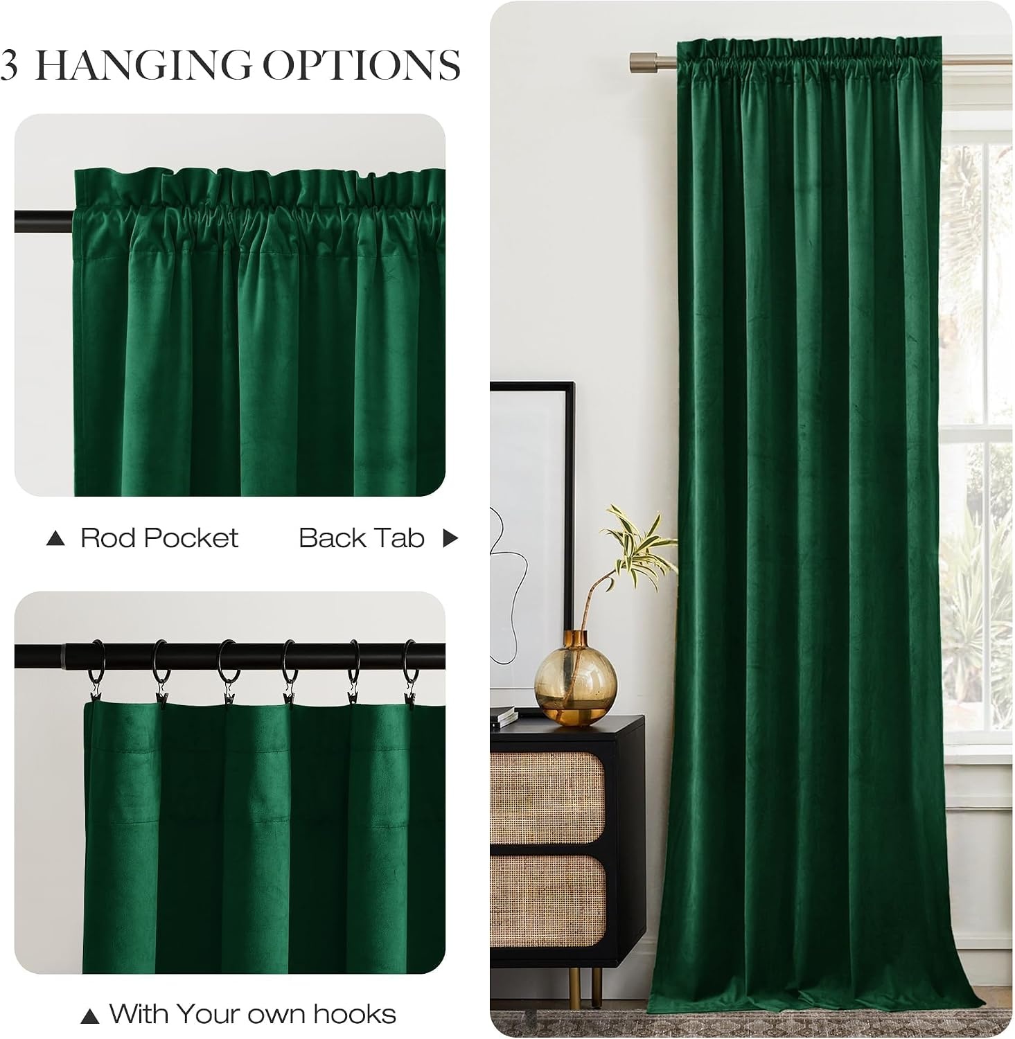 image:imageNICETOWN Black Velvet Blackout Curtains 96 inch Long 2 PanelsGreen Series Emerald Green