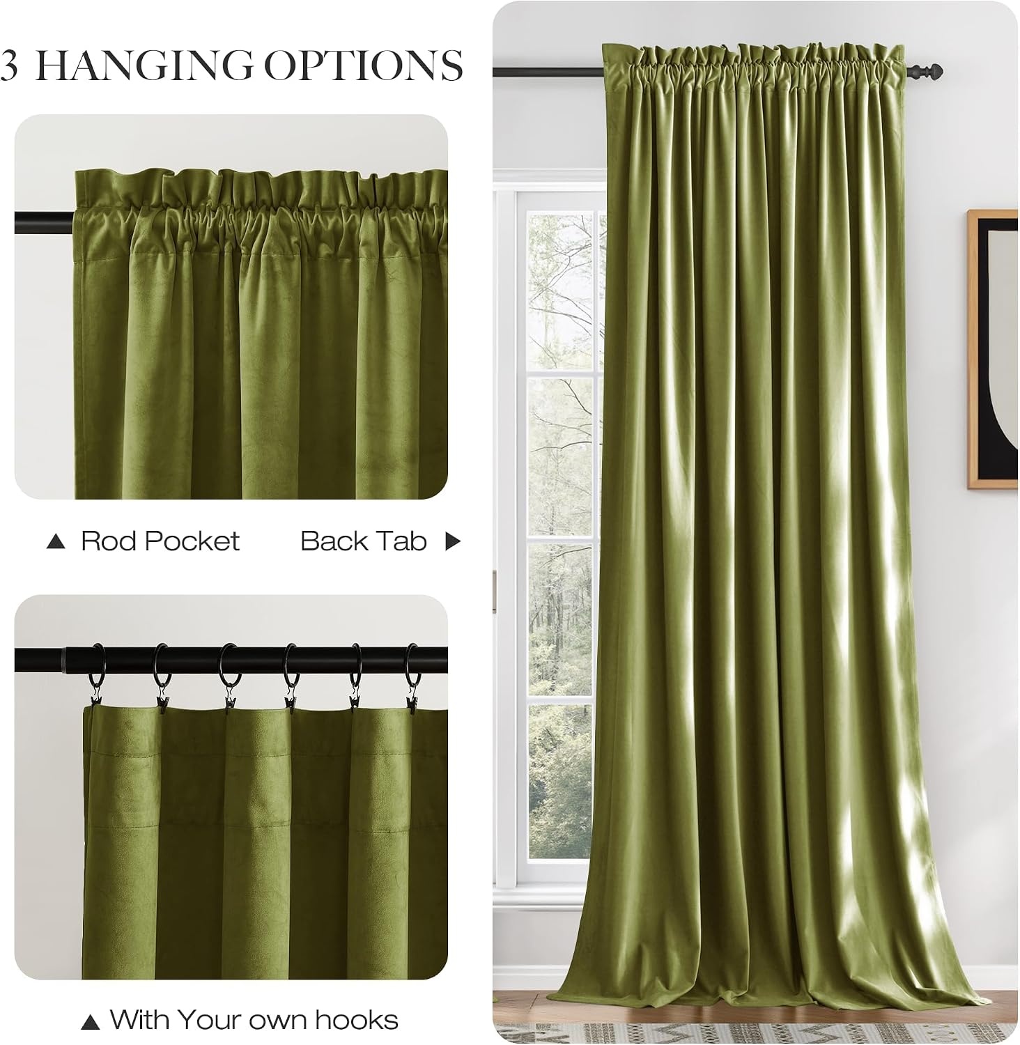 image:imageNICETOWN Black Velvet Blackout Curtains 96 inch Long 2 PanelsGreen Series Moss Green