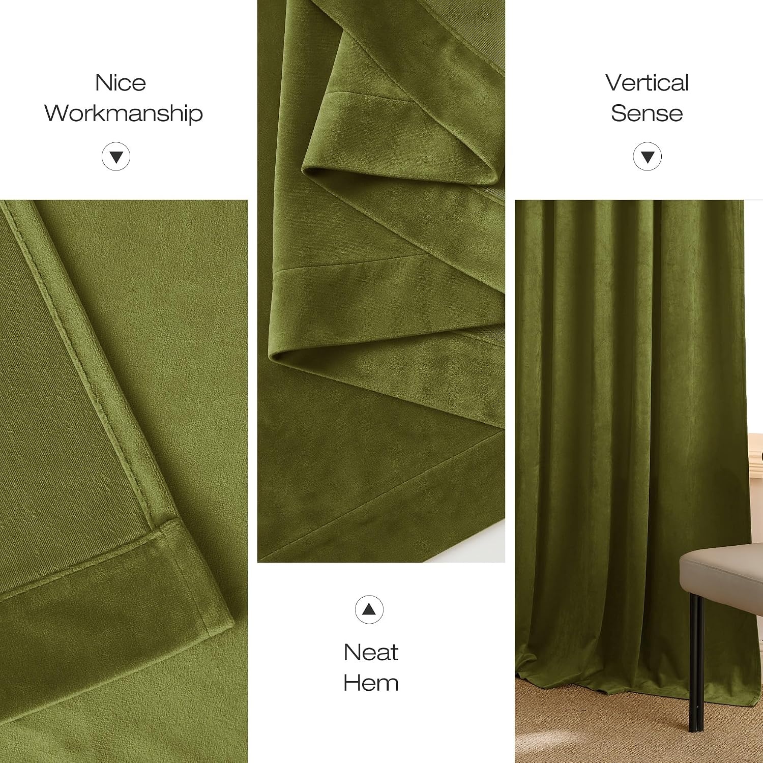 image:imageNICETOWN Black Velvet Blackout Curtains 96 inch Long 2 PanelsGreen Series Moss Green
