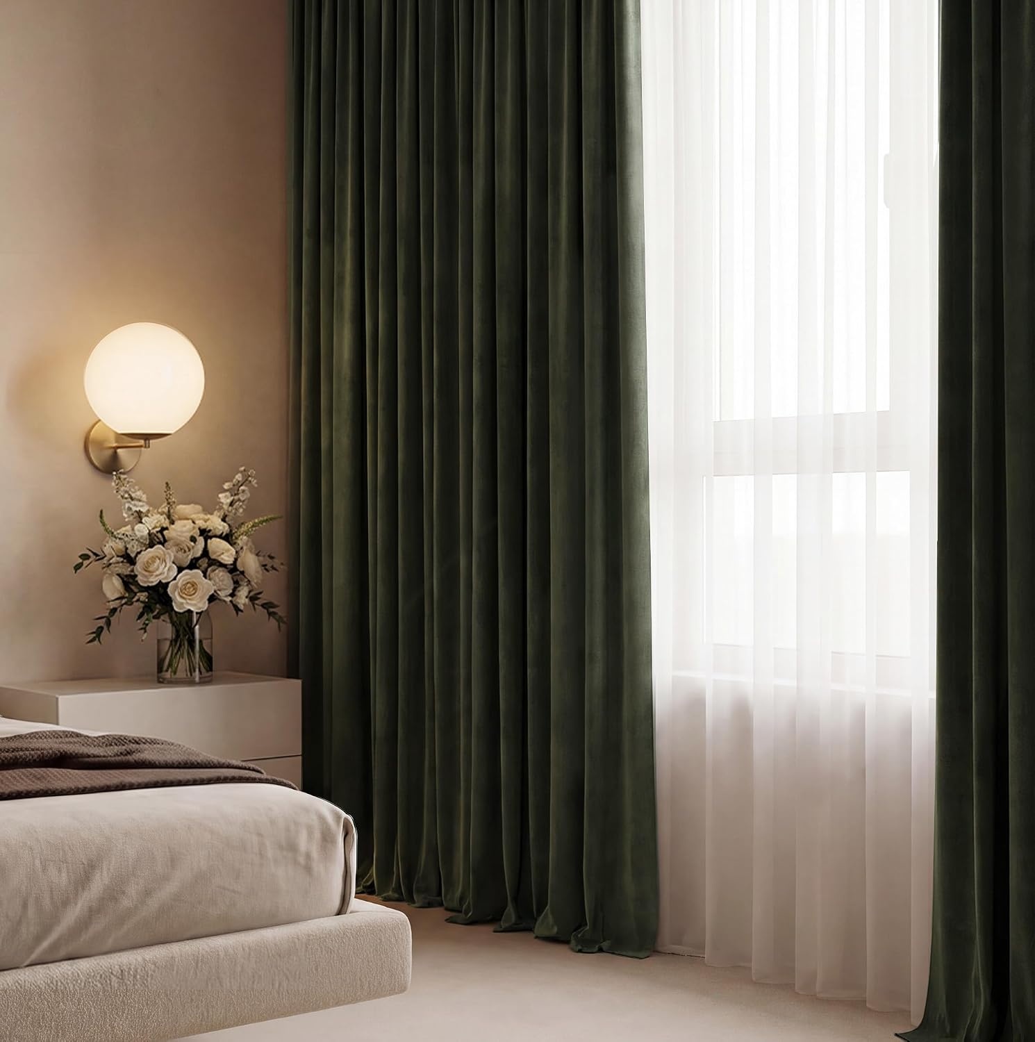 image:imageNICETOWN Black Velvet Blackout Curtains 96 inch Long 2 PanelsGreen Series Olive Green