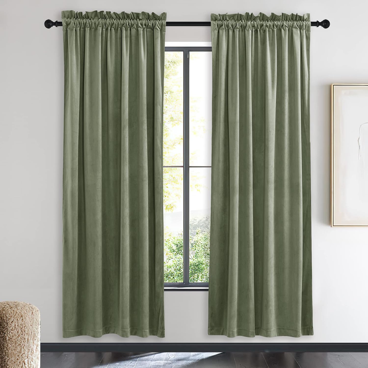 image:imageNICETOWN Black Velvet Blackout Curtains 96 inch Long 2 PanelsGreen Series Sage Green