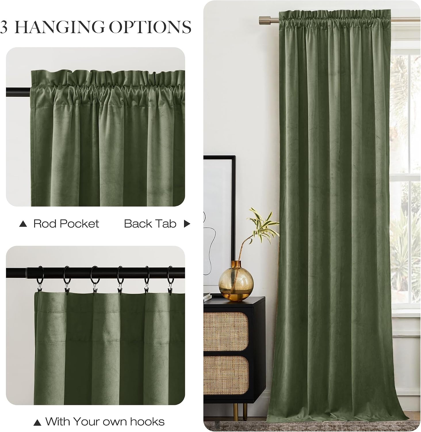 image:imageNICETOWN Black Velvet Blackout Curtains 96 inch Long 2 PanelsGreen Series Sage Green