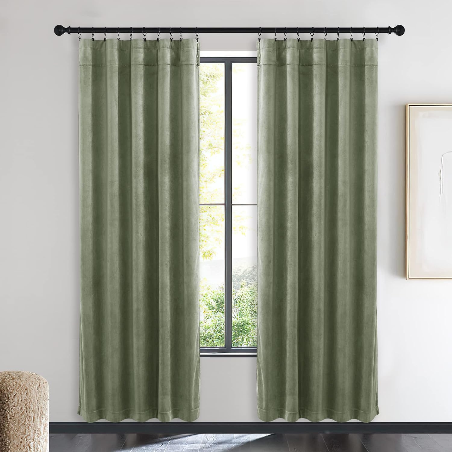image:imageNICETOWN Black Velvet Blackout Curtains 96 inch Long 2 PanelsGreen Series Sage Green